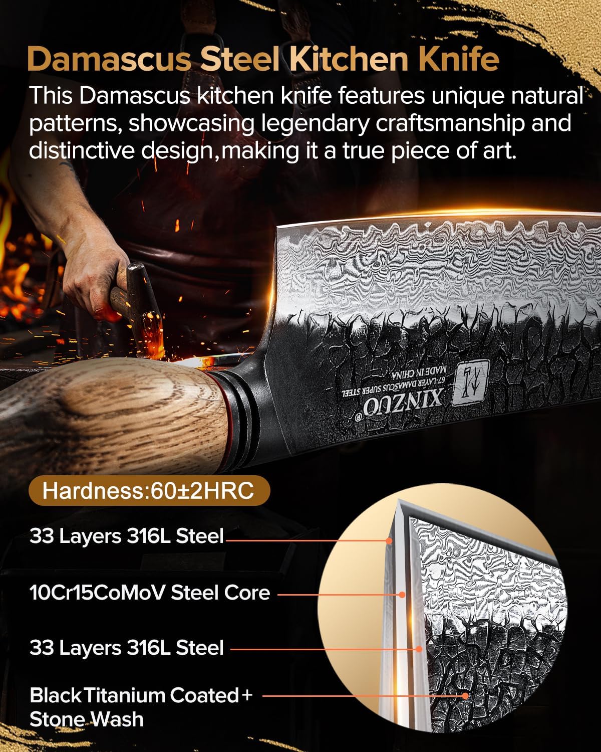 XINZUO 7 Inch Nakiri Knife, Hand Forged Damascus Steel Asian Chopping Chef Knife, Professional Meat Vegetable Kitchen Knife,Comfortable Grip White Oak Handle Usuba Knife