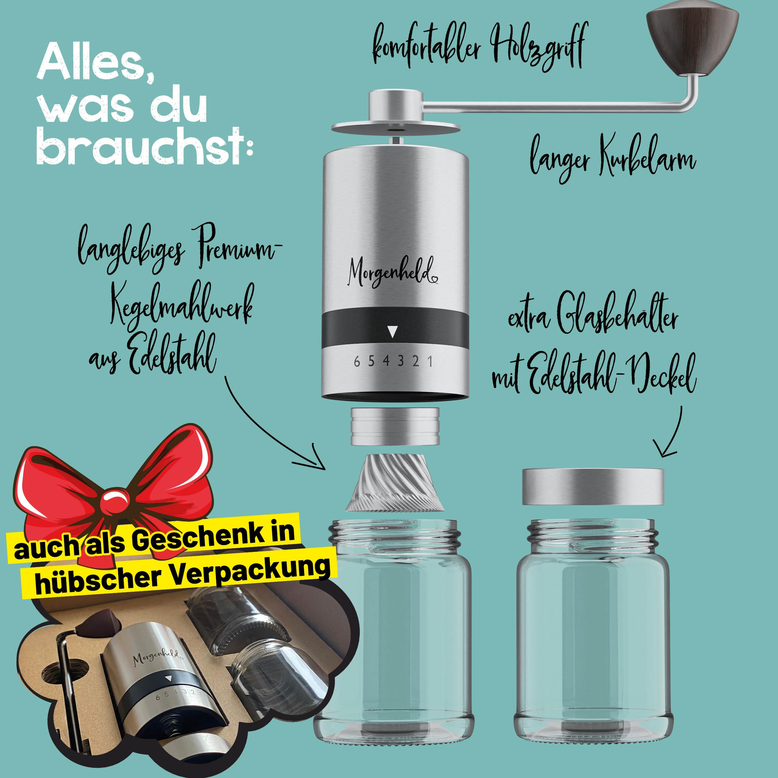 Morgenheld Kaffeemühle manuell Edelstahl – Handmühle Espresso, 2 Gläser | Stufenlos von Espresso bis Cold Brew einstellbar, mit Geschenkbox – ideal für Zuhause, Reisen und Camping