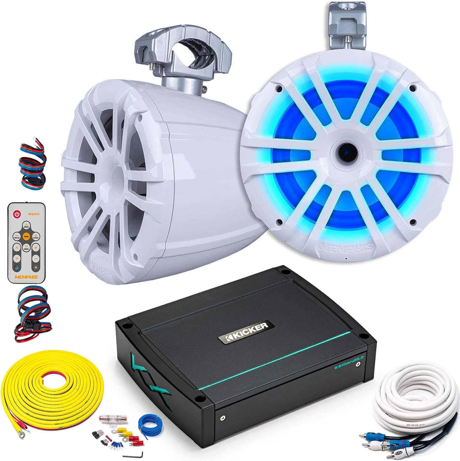 Memphis Audio LED Tower Speaker Bundle with MXA82TW White 8