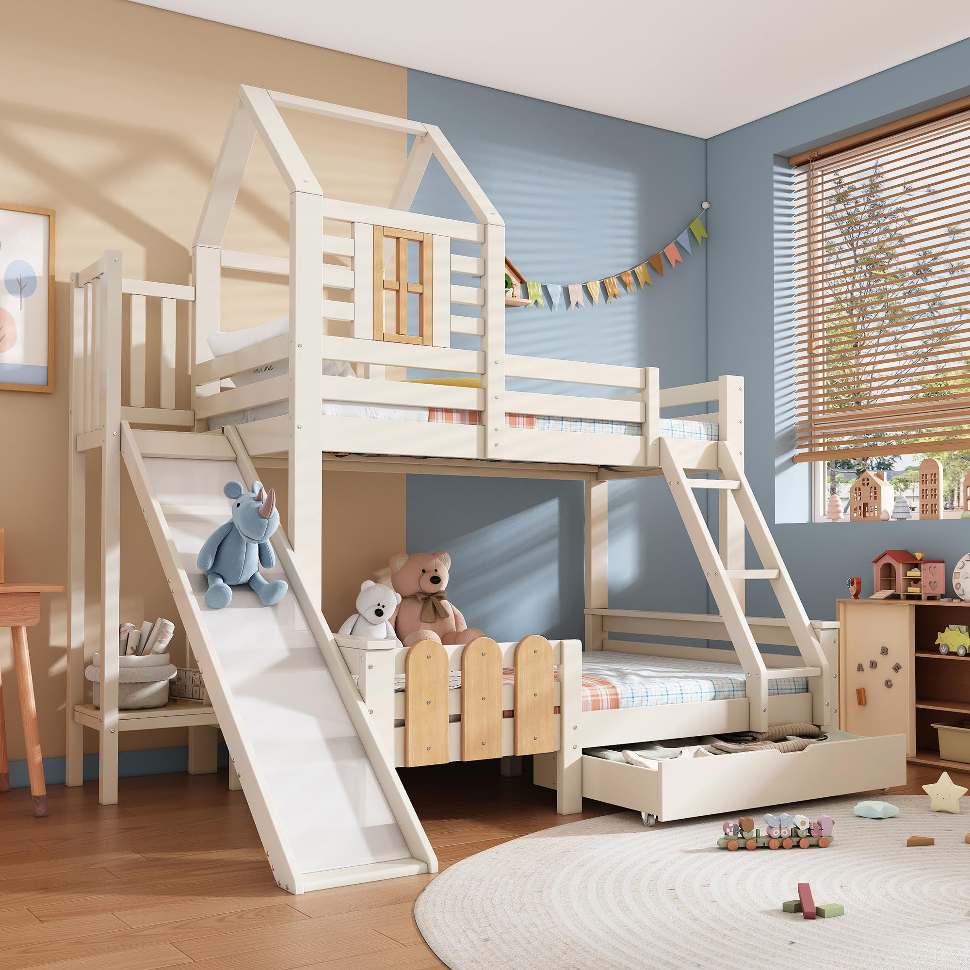 Kinderbett Etagenbett 90x200 & 140x200 mit Leiter & Rutsche, Weiß | Für Esszimmer Wohnzimmer, Hochbett Hausbett mit Bücherregal & Schubladen, Mit Lattenrost & Rausfallschutz, Ohne Matratze