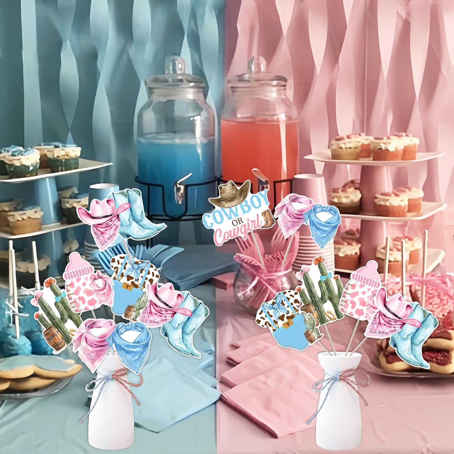 Jollyboom Western Gender Reveal Decorations, 24pcs Cowboy or Cowgirl Gender Reveal Table Centerpiece Stick It's a Cowboy Cowgirl Table Topper for Western Boy or Girl Baby Shower Gender Reveal Party