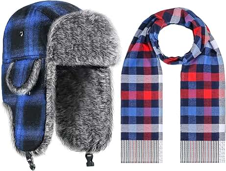 Geyoga 2 Pcs Winter Plaid Trapper Hat and Scarf Set with Faux Fur