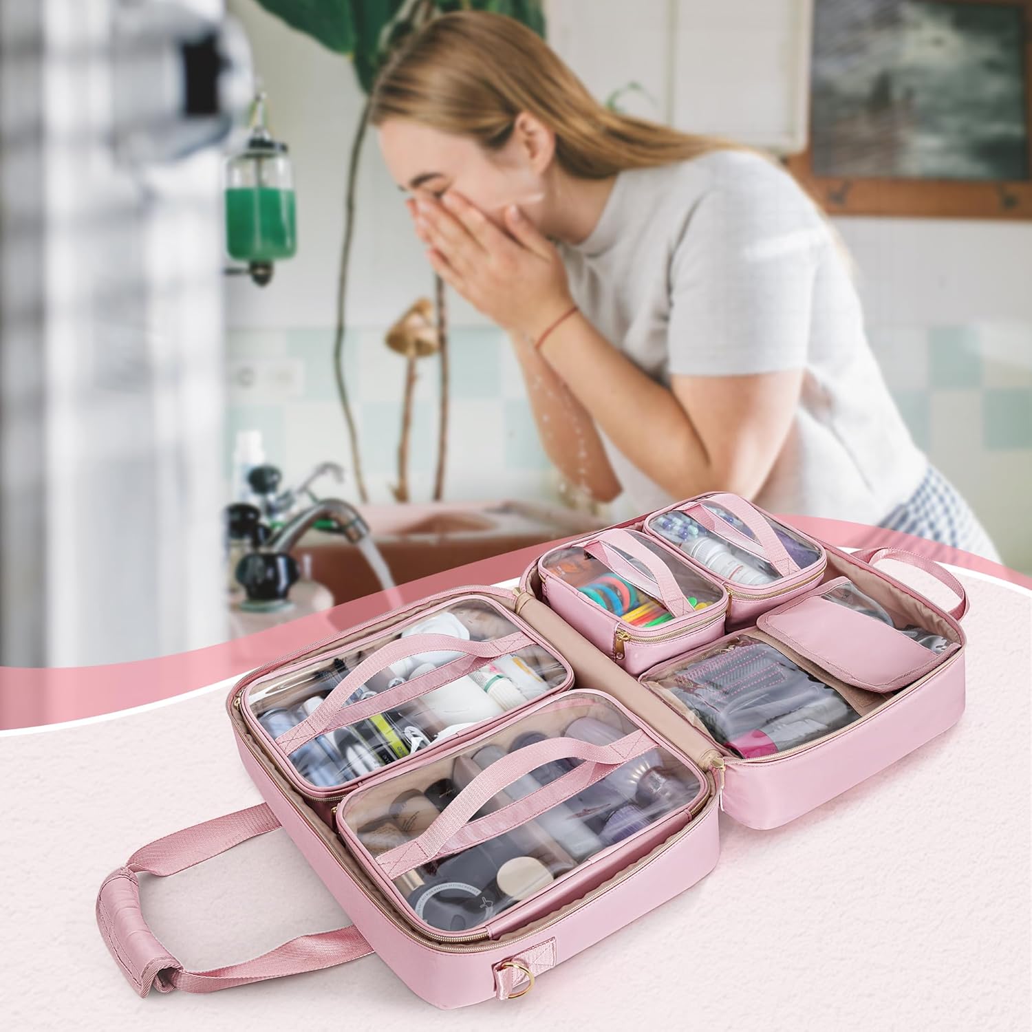 Extra Large Toiletry Bag for Women with 4 Individual Cases, Large Travel Makeup Organizer Bag with Hair Tool Pocket and Makeup Brushes Compartment