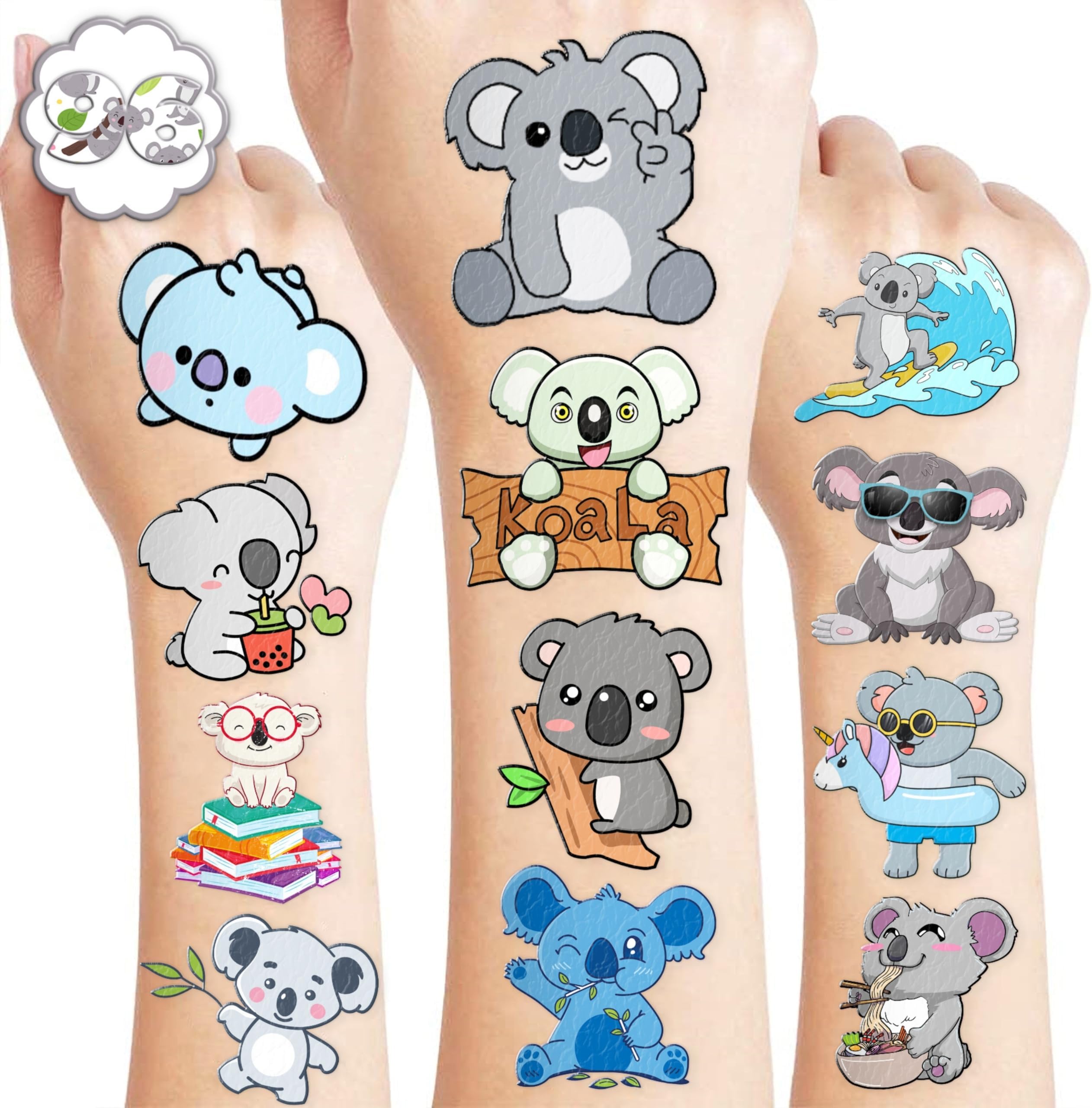 96PCS Koala Temporary Tattoos for Kids - Cute Birthday Party Supplies, Fun Stickers for Boys & Girls, Classroom Prizes, Themed Party Favors, Fun Kids Gifts
