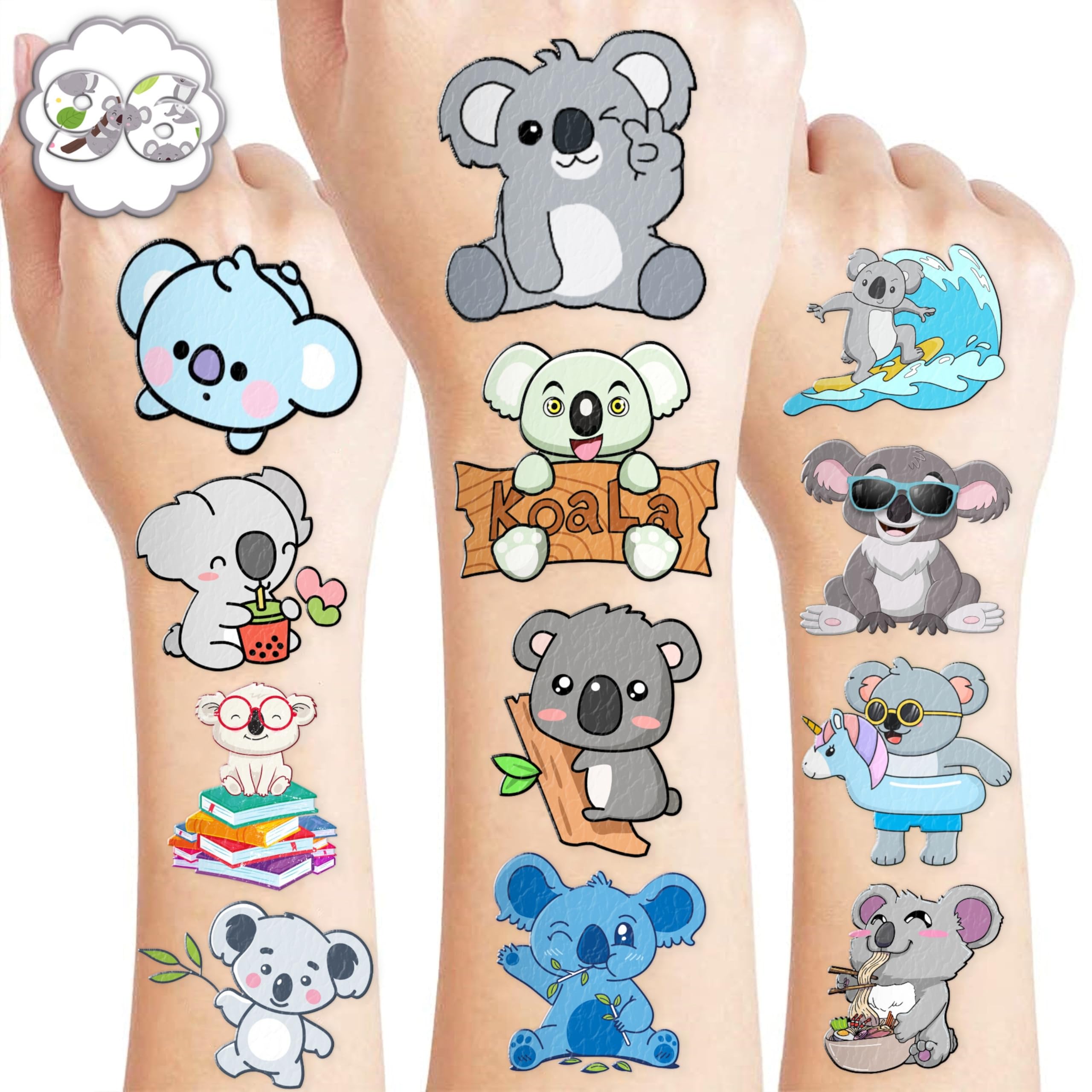 96PCS Koala Temporary Tattoos for Kids - Cute Birthday Party Supplies, Fun Stickers for Boys & Girls, Classroom Prizes, Themed Party Favors, Fun Kids Gifts