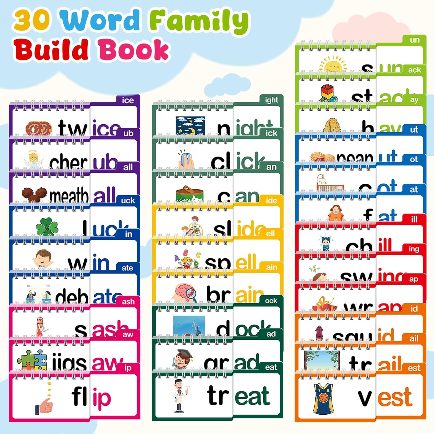 Word Family Build Book, 30 Read and Rhyme Flip Activity Book, ABC Vocabulary Flash Cards CVC Words Reading Games for Kids Ages 3-8 Preschool Learning Activities Families Educational Games