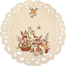 Quinnyshop Ostern Deckchen Häschen Ostereier Stickerei Ecru Creme Leinen Optik ca. 40 cm Rund