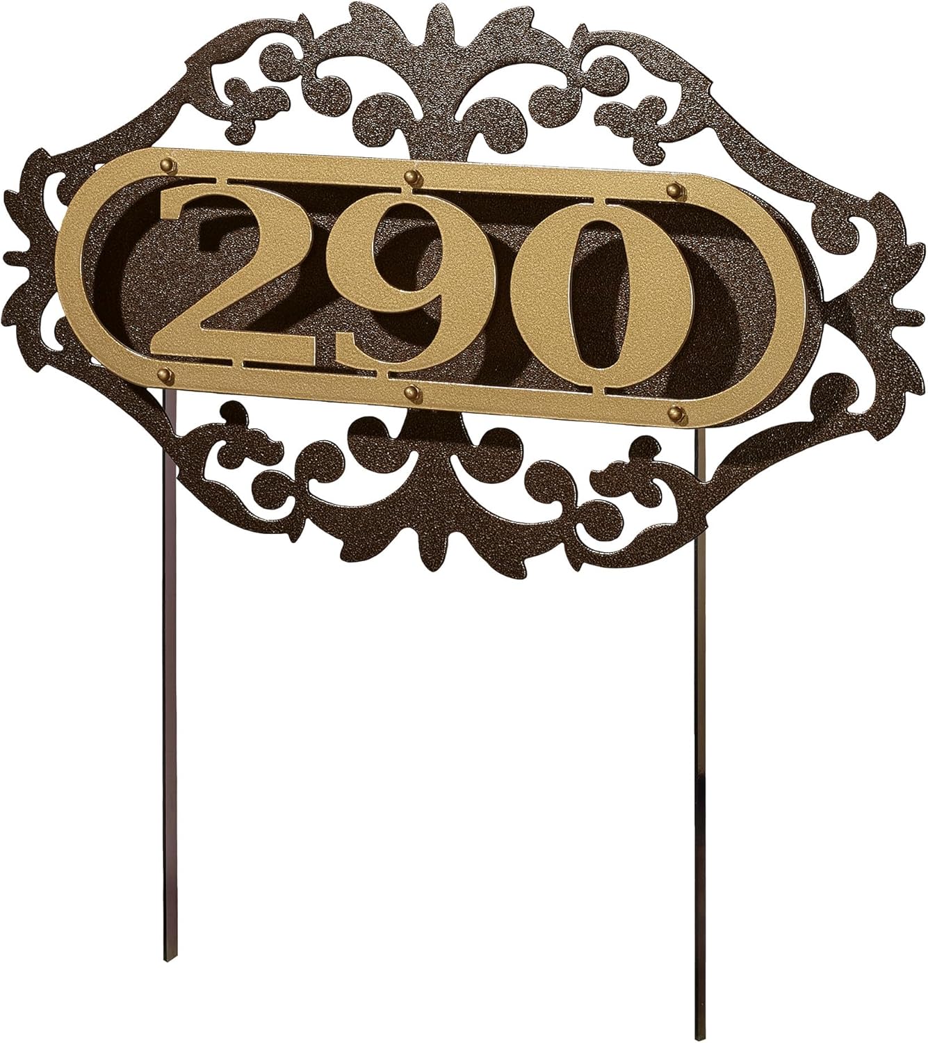 LaRoyal House Number Staked Metal Yard Sign with Scrollwork | Custom Address Sign for Outdoor | 1, 2, or 3 House Numbers | Gold and Bronze Durable Finish