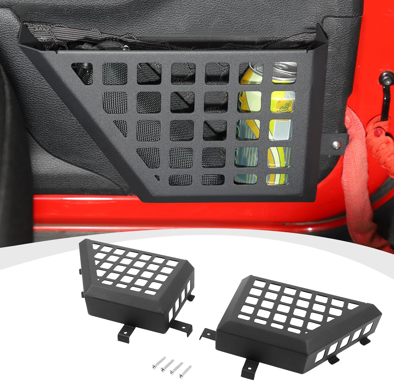 RAZPOY JK Door Storage Pockets, Metal Front Door Cup Holder