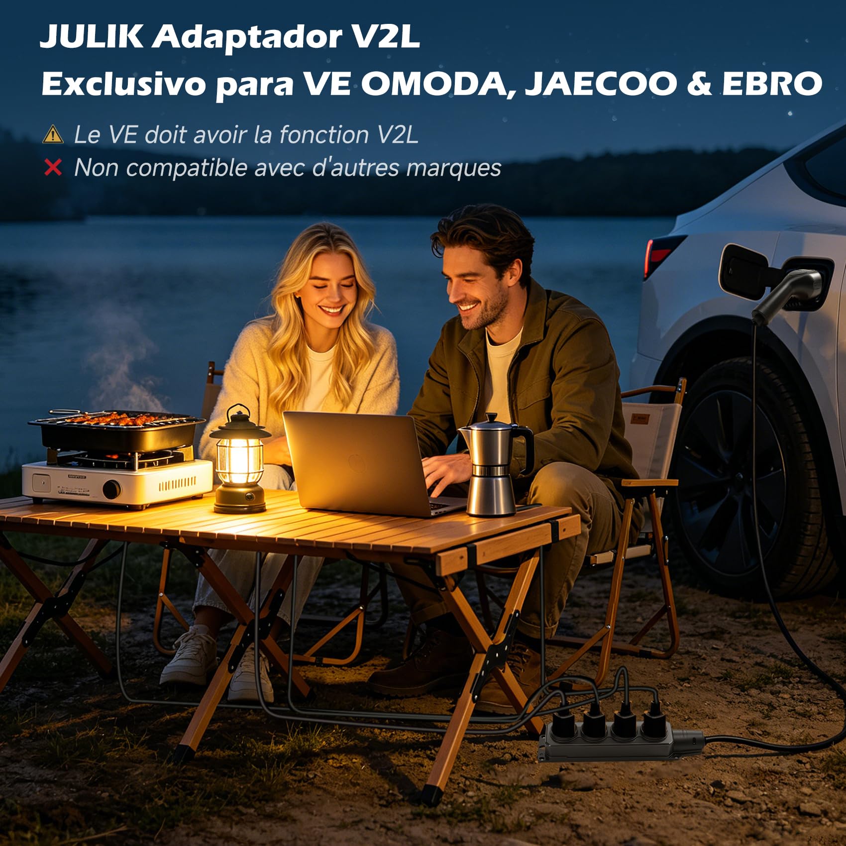 JULIK Adaptador V2L para Omoda 5 EV, Jaecoo 7, EBRO S700, Tiggo 8 - Longitud Total 3m, Regleta 4 Tomas, 3.5kW 16A Pistola de Descarga Tipo 2 EV a Toma Schuko, Camping, Emergencia