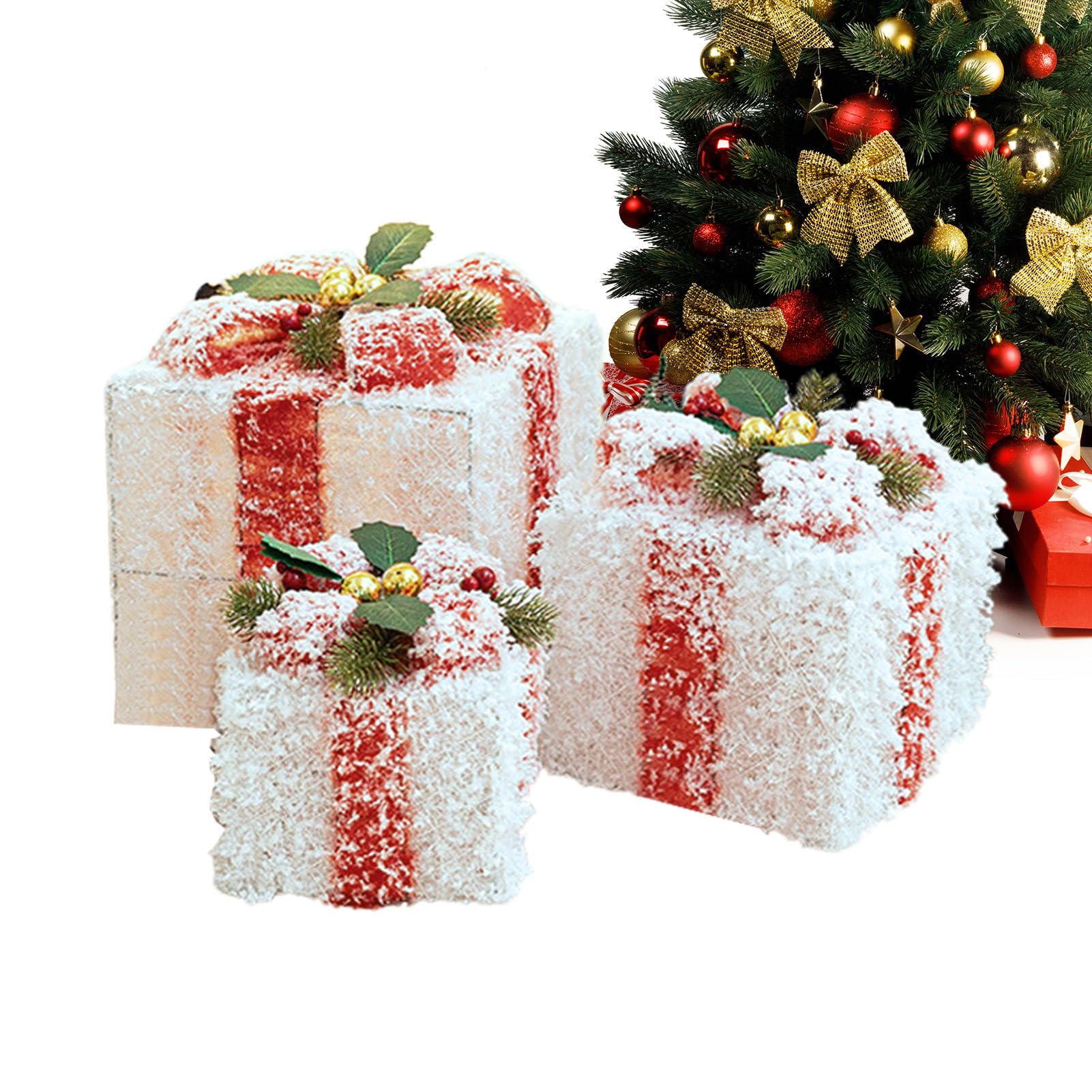 Set di scatole regalo, 3 confezioni regalo di Natale, fiocchi di neve, decorazione gonna albero di Natale, scatole regalo con fiocchi per decorazioni per feste e feste