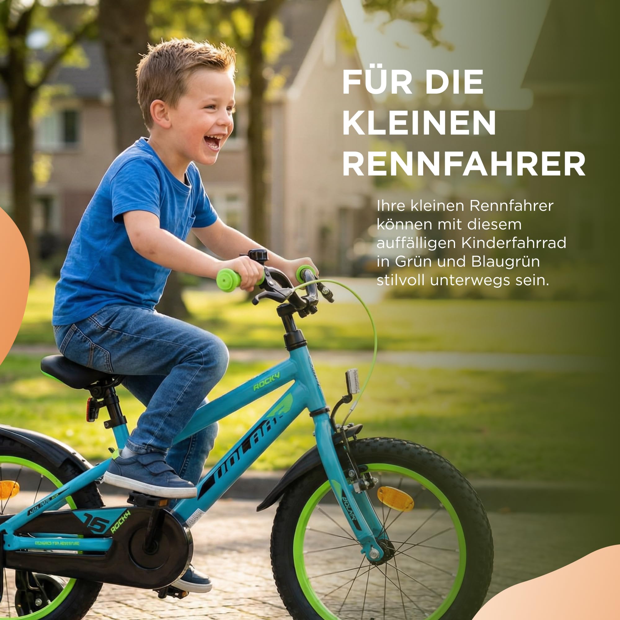 Volare Rocky Kinderfahrrad grün 16 Zoll | 4–6 Jahre | Hand- & Rücktrittbremse | Stützräder | Kettenschutz | Verstellbarer Sattel | Geschenk für Mädchen & Jungen