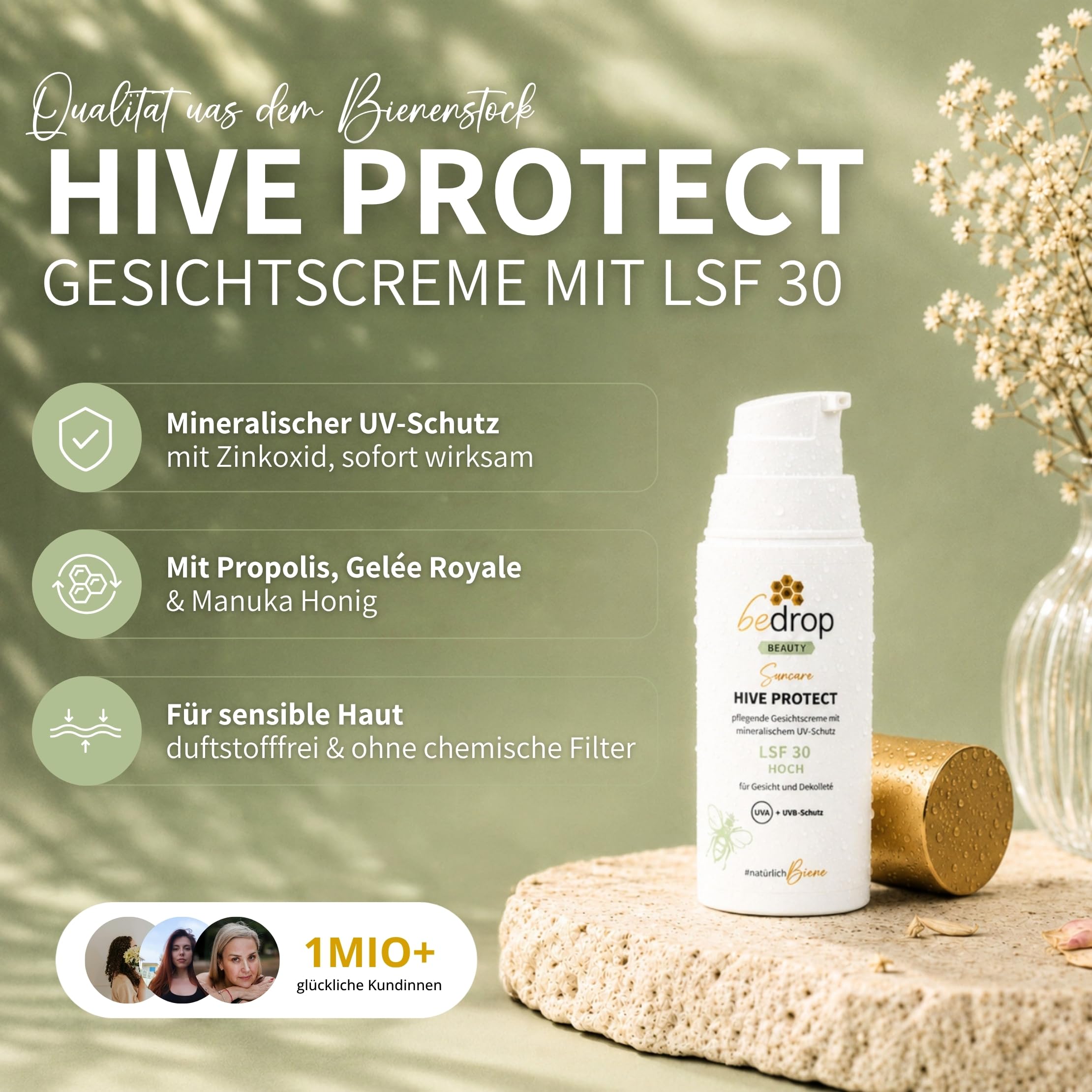 bedrop Hive Protect I Gesicht Sonnencreme mit LSF 30 | 50ml (3er Pack) | Tagescreme mit LSF 30 - Mineralischer Zinkoxid UVA & UVB-Schutz mit Carnosin und Rosenwasser – ideal für sensible Haut