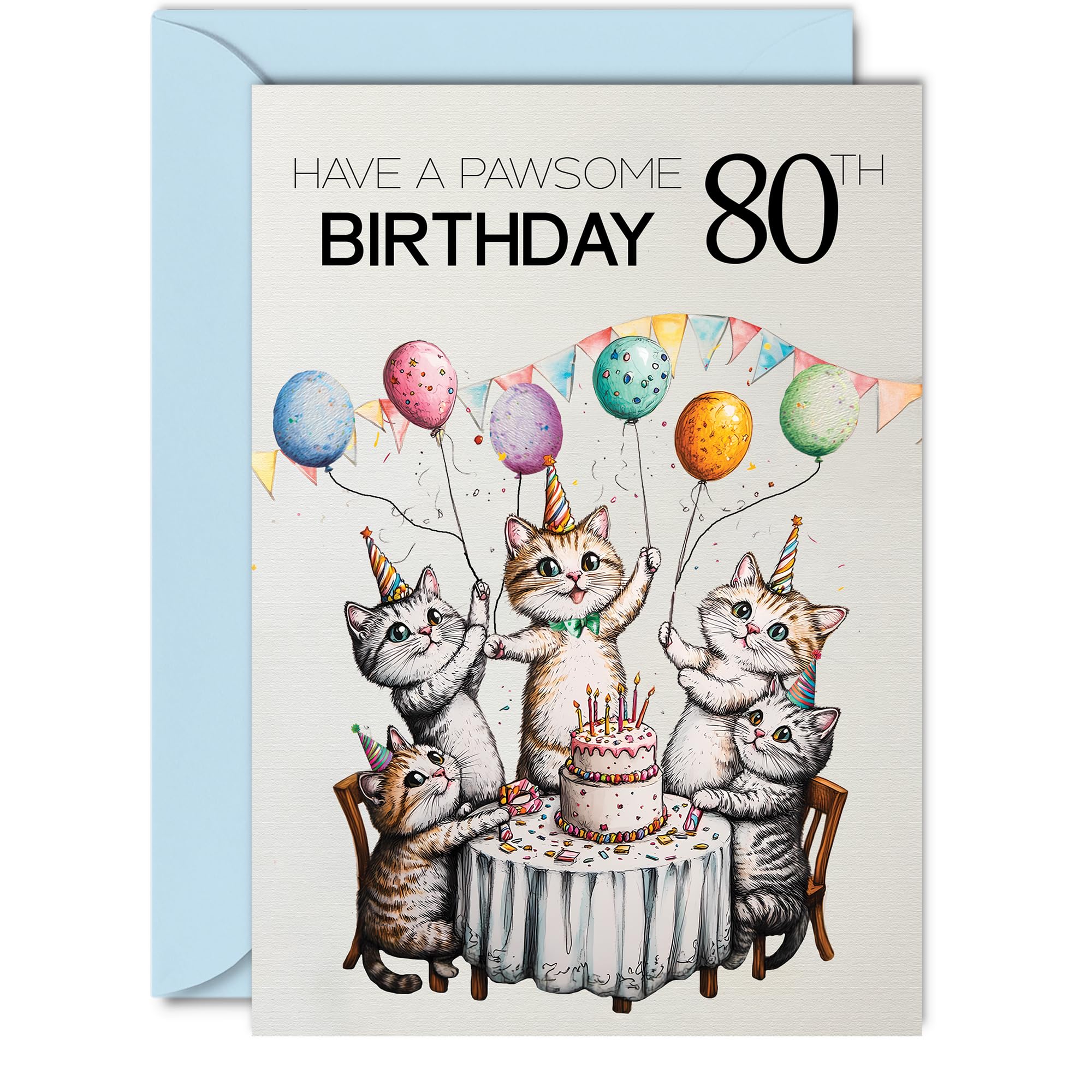 80th Birthday Card for Women and Men, Pawsome Party Cats Balloons