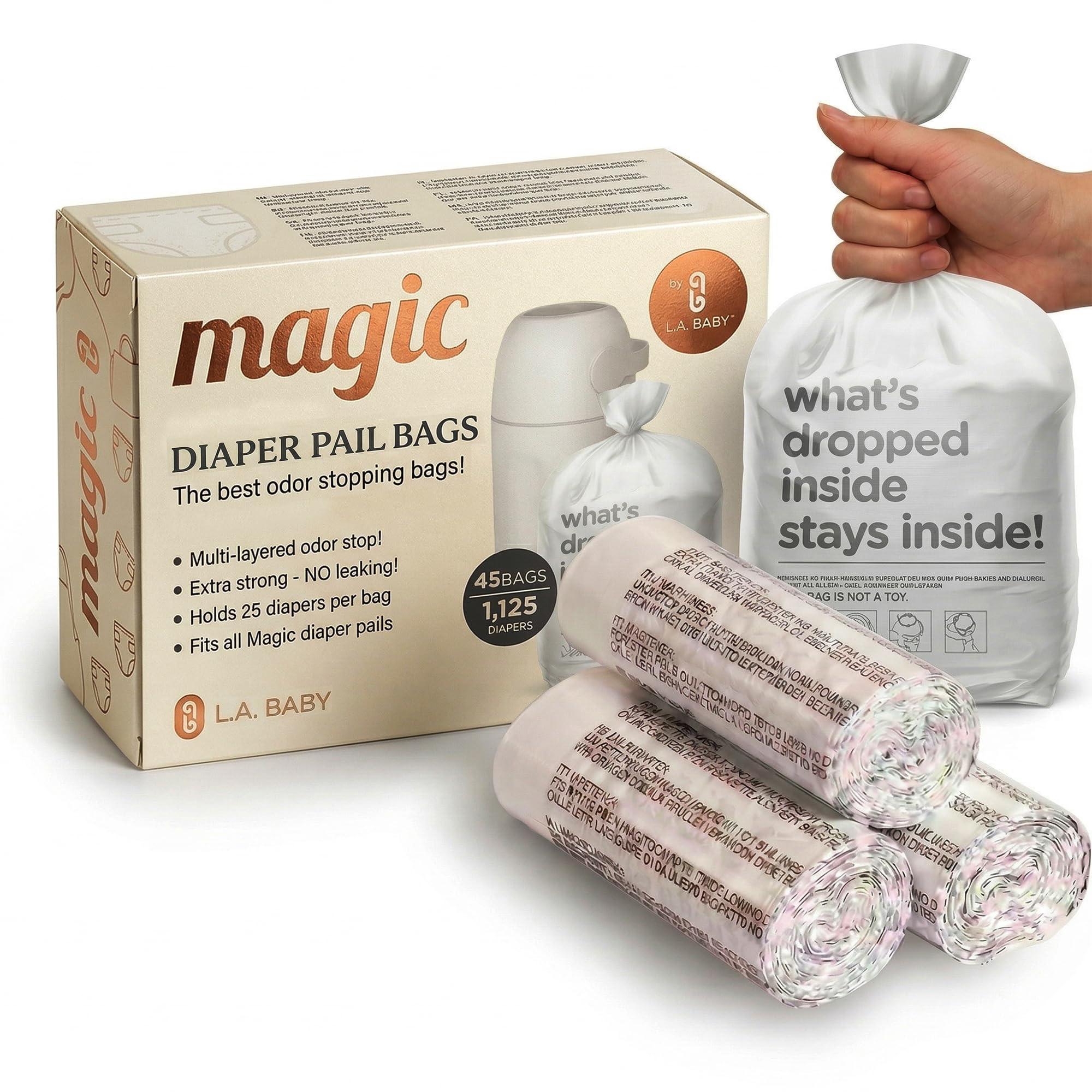 L.A. Baby Magic Diaper Bags - Diaper Pail Refill Bags 45 Count - Multi-Layer 100% Odor-Free Disposable Diaper Bag - Holds 1125 Diapers - Extra Strong No Leak
