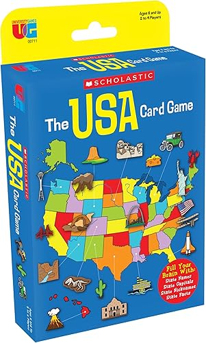 University Games, Scholastic USA - Juego de cartas de viaje, aprende capitales estatales y hechos históricos, gran juego de cartas de desafío de