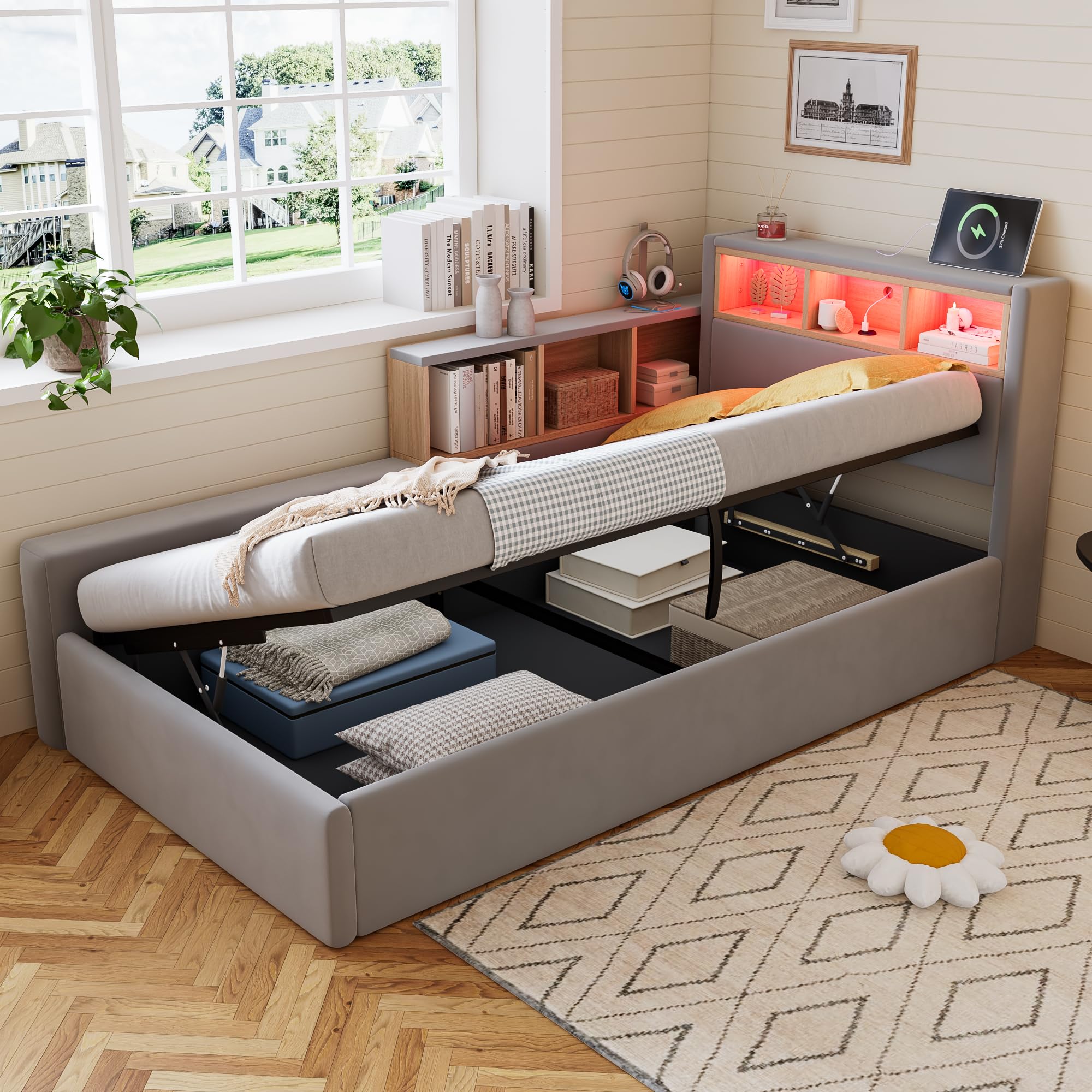 Xwiny Single Daybed, 3FT Upholstered Bed with Hydraulic Storage