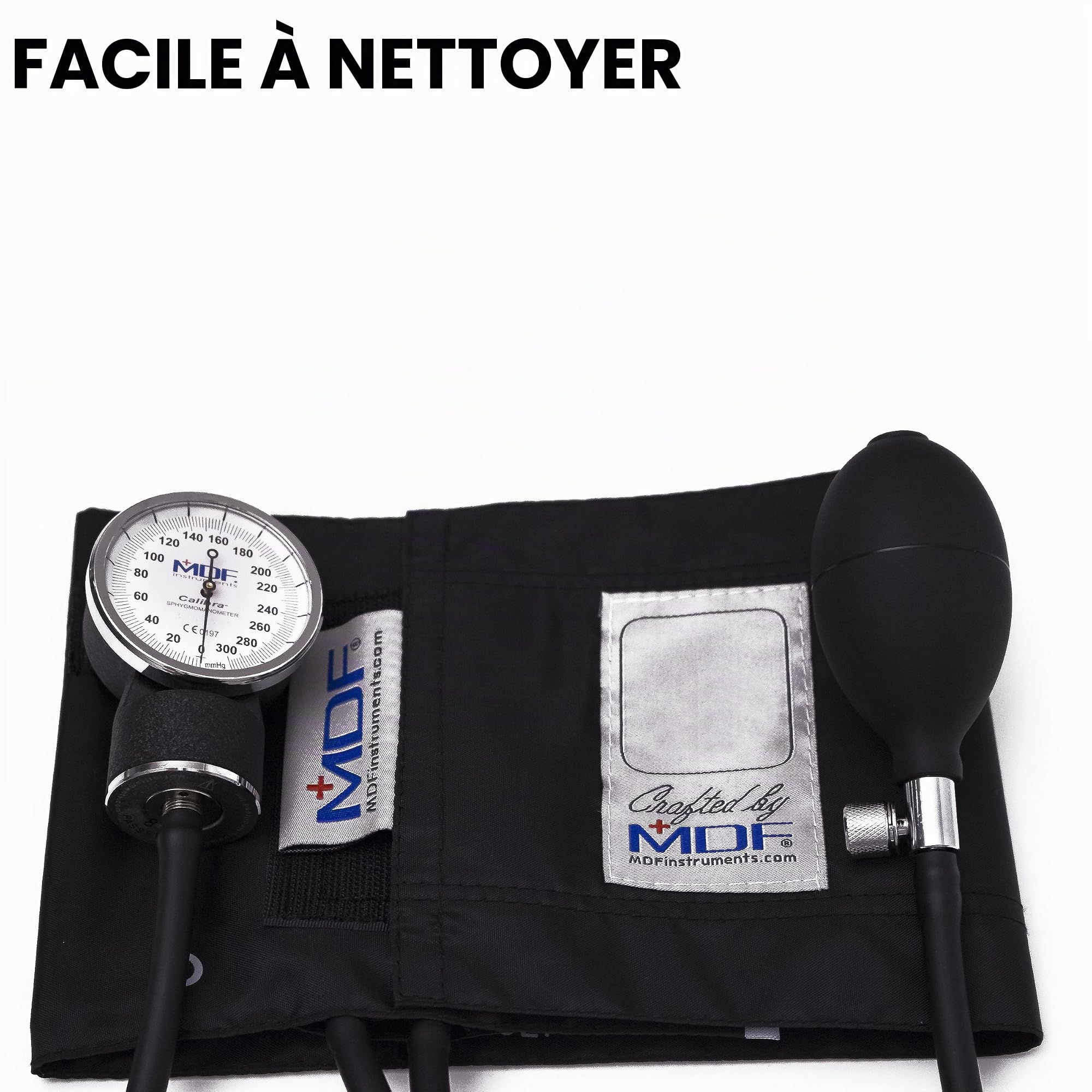 MDF Instruments, tensiomètre anéroïde professionnel haut de gamme Calibra, tensiomètre avec brassard pour adulte et étui de transport, cadran blanc, brassard noir, MDF808M11
