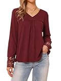 Long Sleeve V Neck Blouse for Women's Casual Tops Lace Hollow Out Shirts Fall Winter Basic Tunic Tops