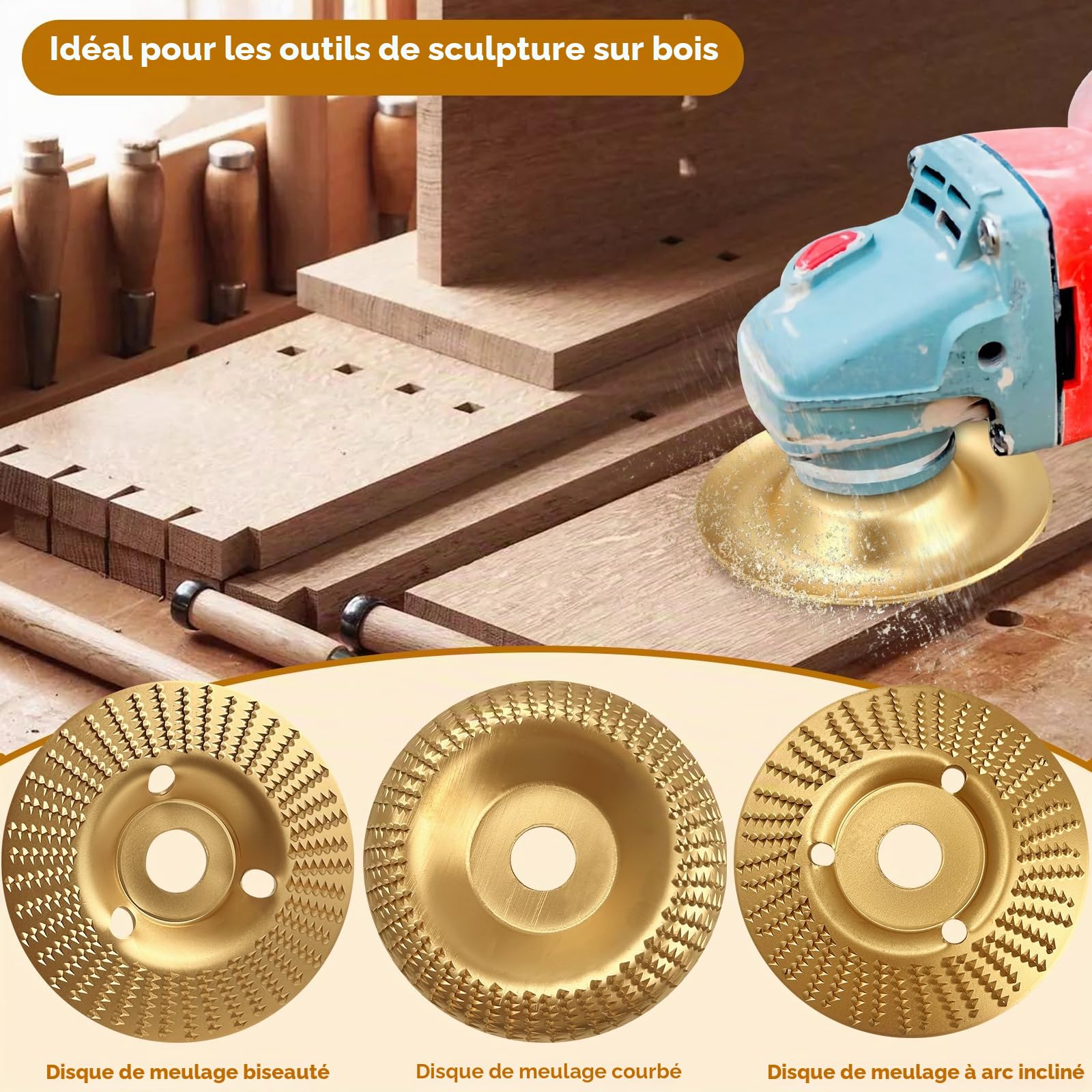 3 pièces de disques abrasifs pour bois de 125 mm, diamètre intérieur 22 mm, ensemble de disques pour meuleuse d’angle, disque de sculpture en bois, accessoires pour meuleuse d’angle, fraise pour bois