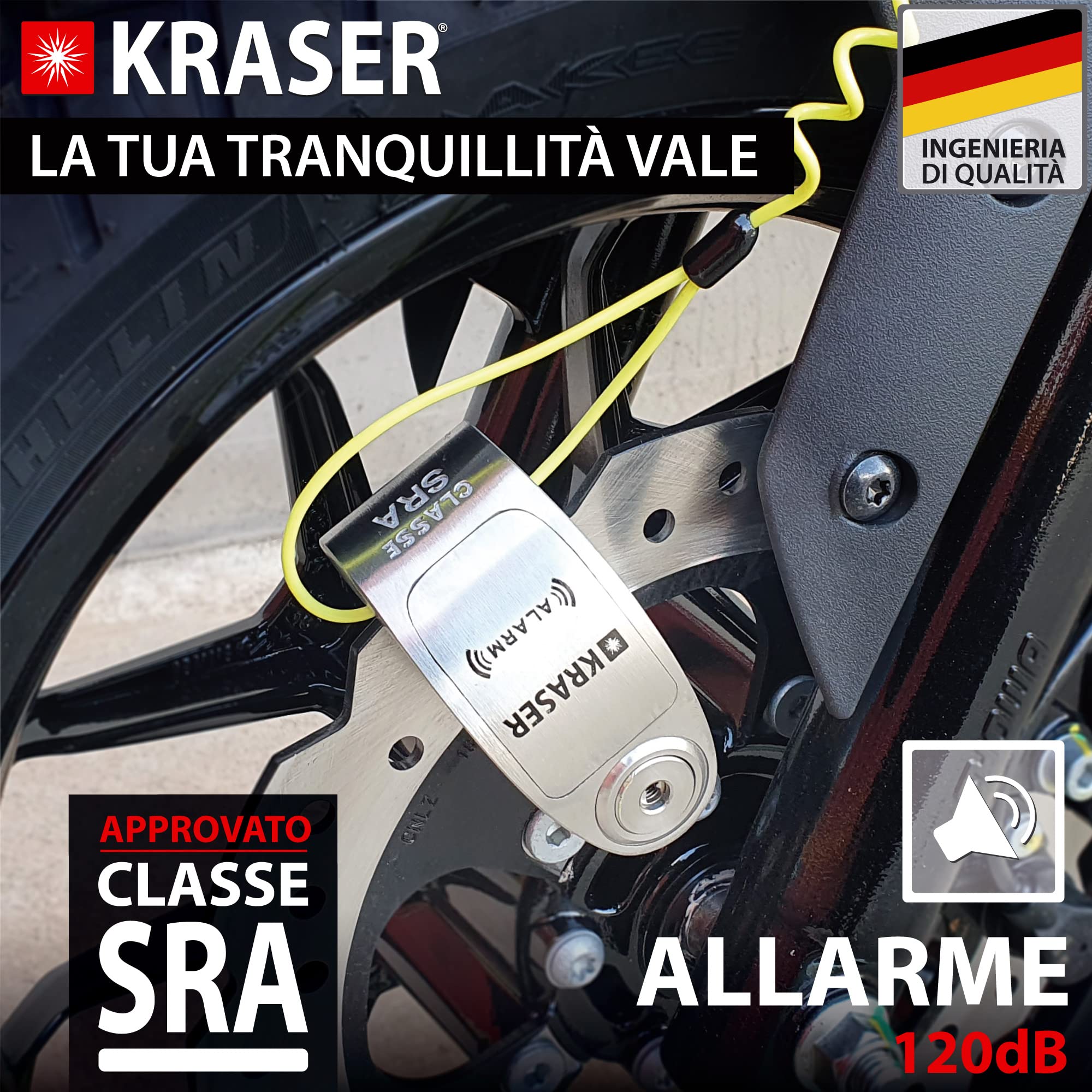 KRASER KR14S Bloccadisco Moto con Allarme 120dB, Omologato SRA, Doppia Fermatura ø14mm, Alta Sicurezza Antistrappo, Impermeabile, Filo Promemoria, Lucchetto Antifurto Moto Blocca Disco