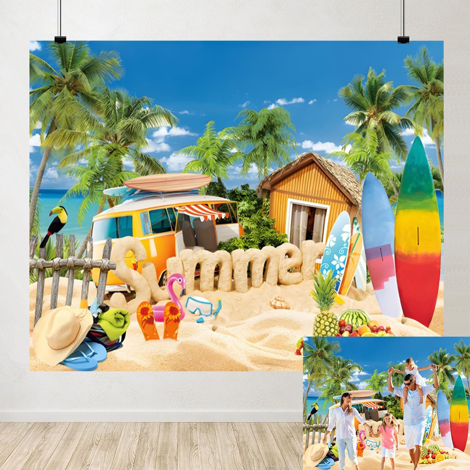 Amazon | 夏のトロピカルビーチ背景幕 ハワイの空 海 花 ヤシの木 葉