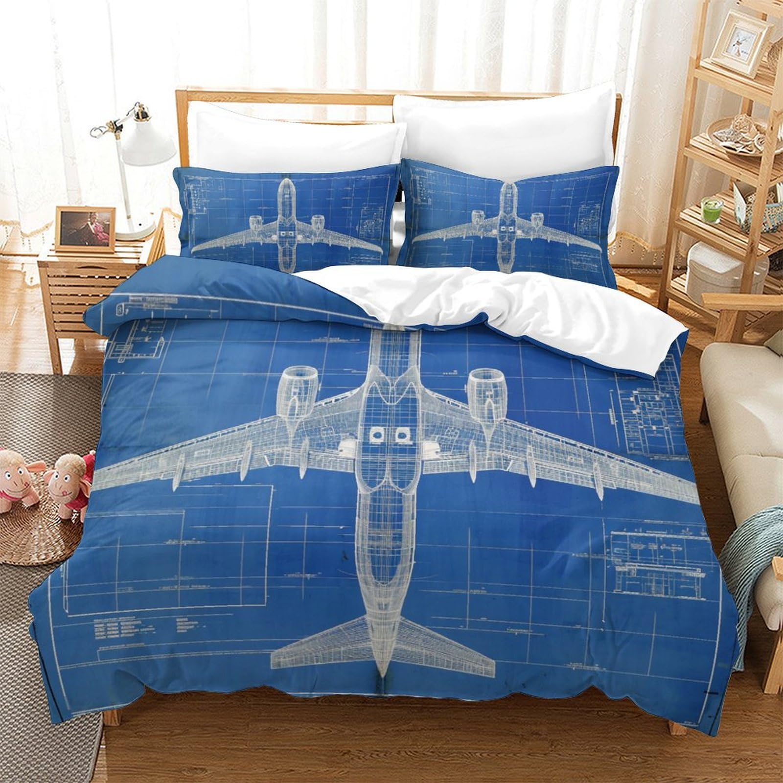 P1s9u7w5y Aircraft-3 Blueprint Aviation 3D Printed Duvet Cover Set 3Pcs Microfiber Plane Bedding Set King（220X240cm）