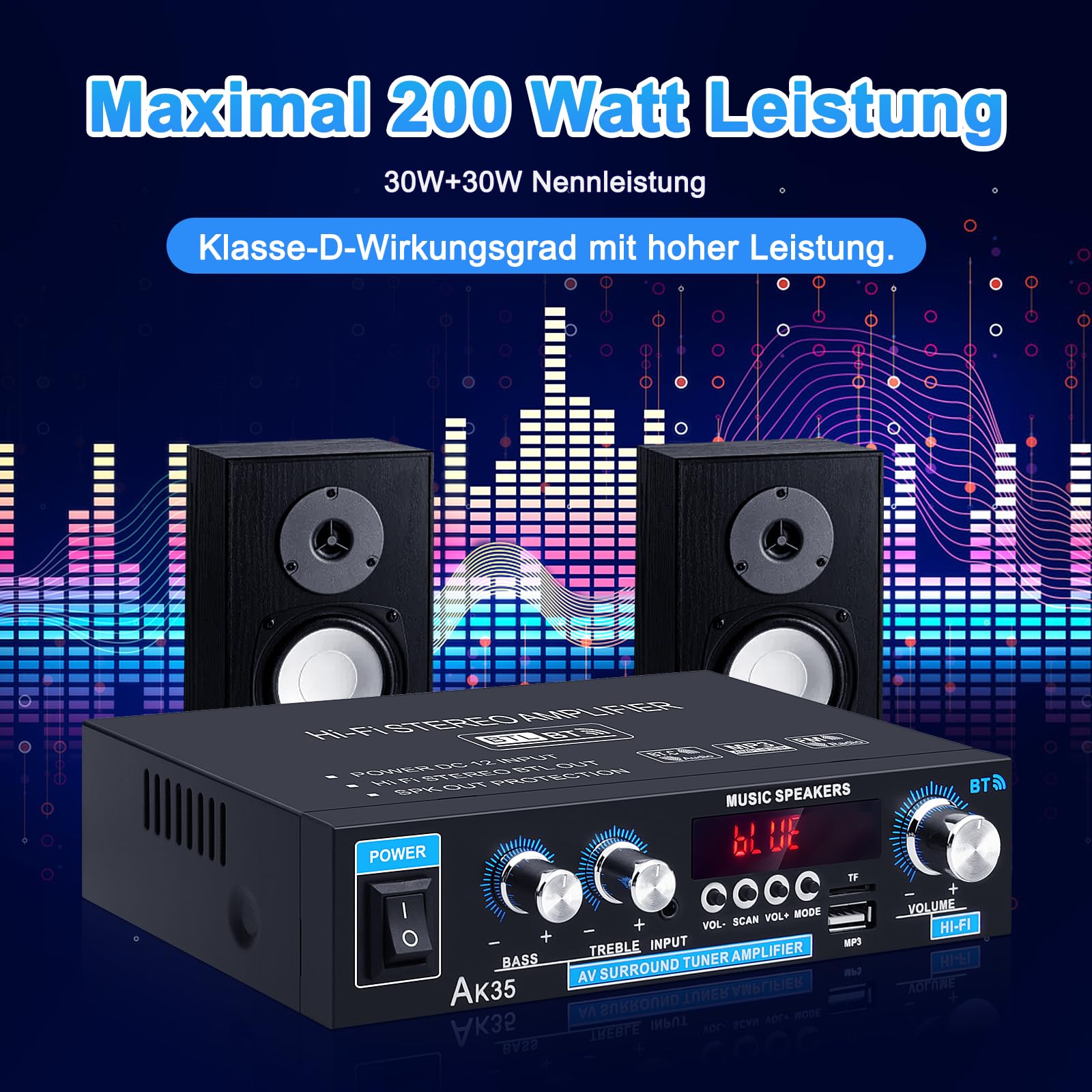 HiFi Stereo Audioverstärker AK35 Bluetooth 5.0 Digital Mini-Verstärker RMS 2.0-Kanal 30W x 2 HiFi-Leistungsverstärker mit Bass & Treble Tuner für Heim-Lautsprecher