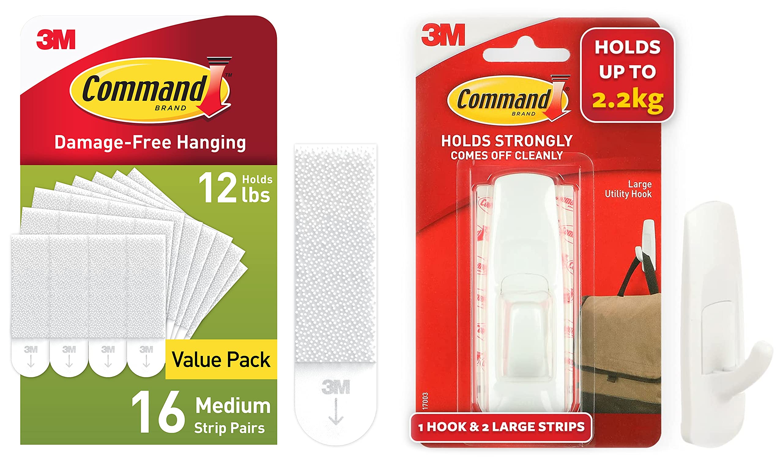 Command Large Plastic Hooks for Walls, Pack of 1 Hook and 2 Strips, Holds 2.2kg, Self Adhesive, Damage Free Walls,White & 3M Plastic Picture Hanging Strips (White, Medium) - Pack of 16