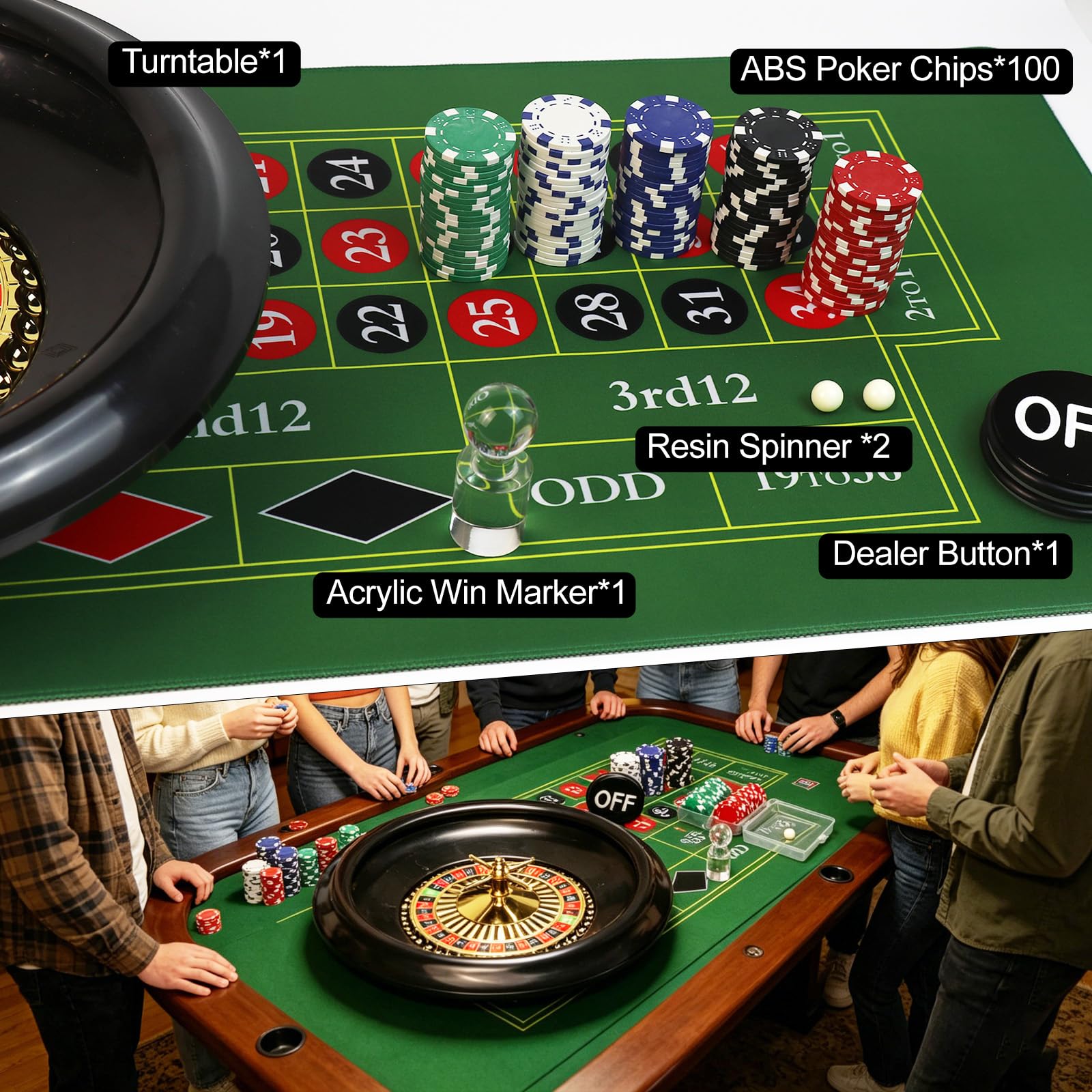 Casino Night Set Gioco Completo Include 16 '' Rotella Roulette Verde 88,9 cm X 40,6 cm Tappetino da tavolo in gomma, 100 Chip Dealer Pulsante Win Marker Casino Game Set Idee Regalo