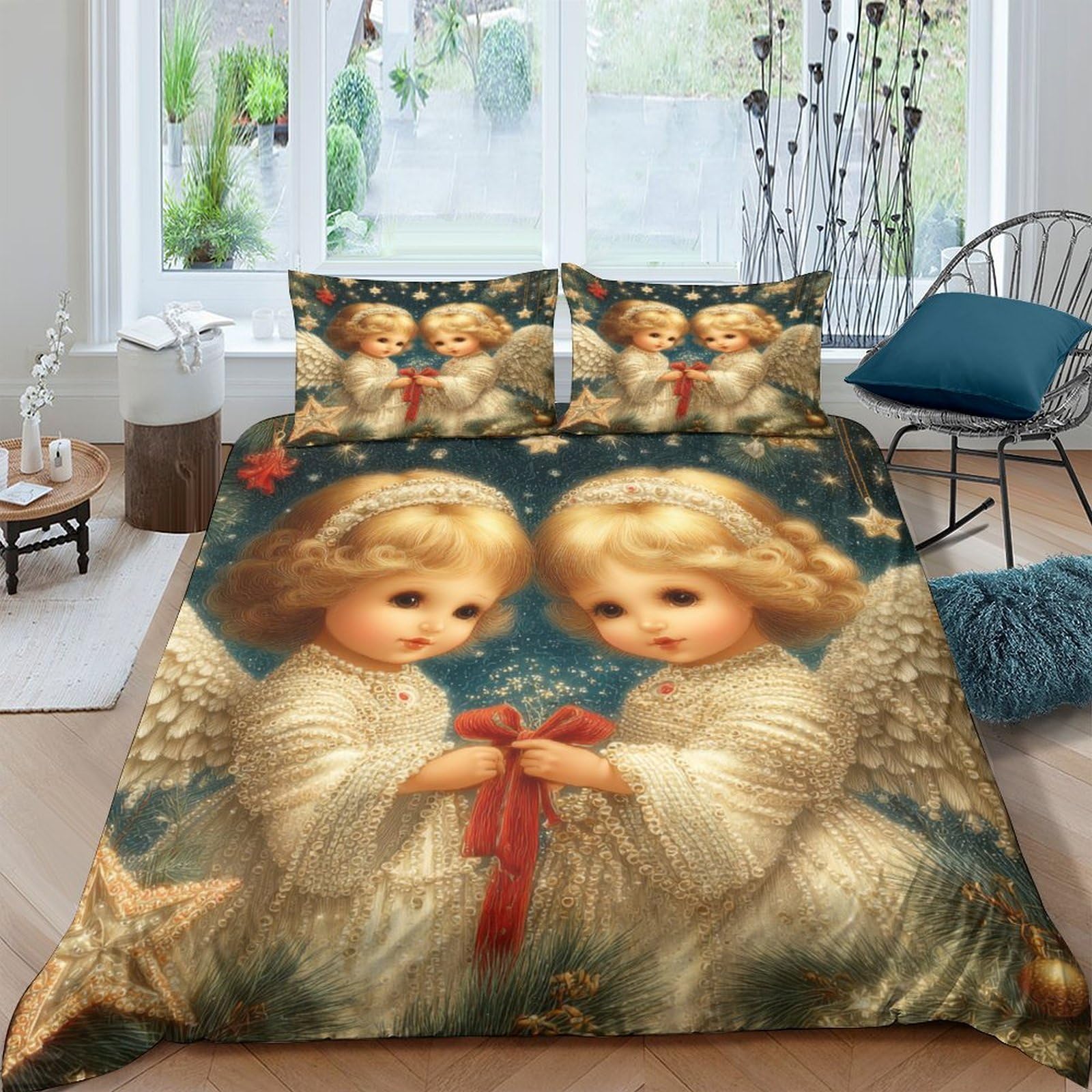 Ctjqhvkz Style-2 3D Printed Angel Cherub Fitted Sheet Microfiber Soft Mattress Cover Vintage Art Bedroom Home Decor Single（135X200cm）