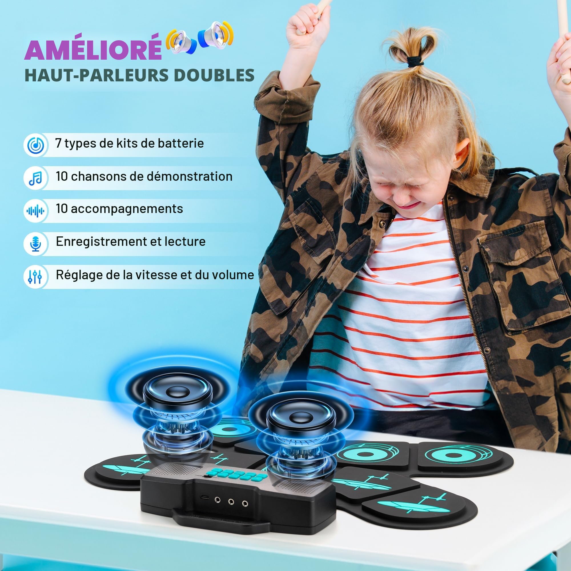 CAHAYA Kit Batterie Électronique Portable: 9 Pads Enroulables, Haut-Parleur Intégré, Compatible MIDI, Baguettes et Pédales, Bleu