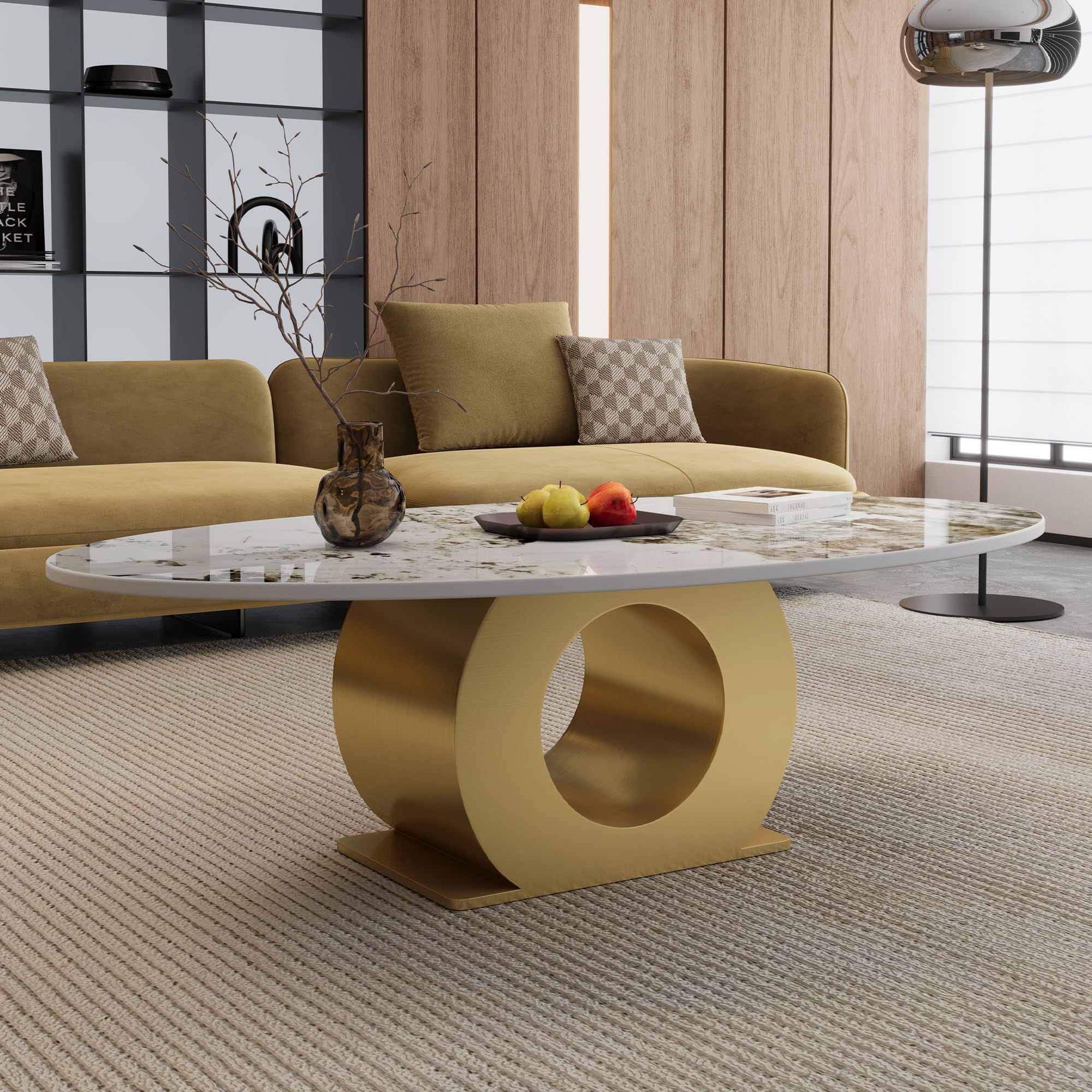 Modern Coffee Table with Gold Stainless Steel Pedestal,Oval