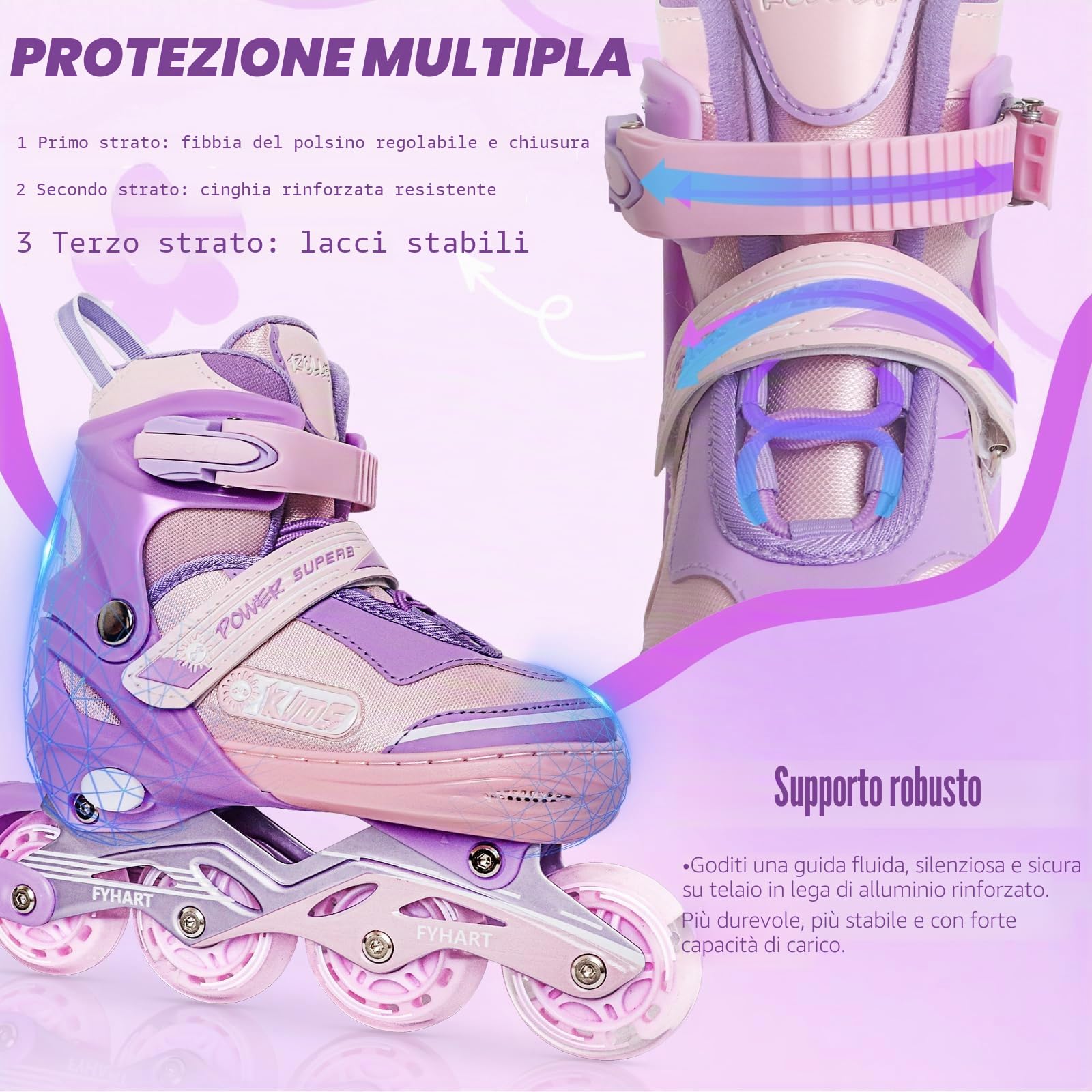 Pattini in linea per bambina e ragazze, Regolabili pattini in linea a 4 ruote per bambini e adolescenti con ruote luminose per lo sport, Rosa Viola