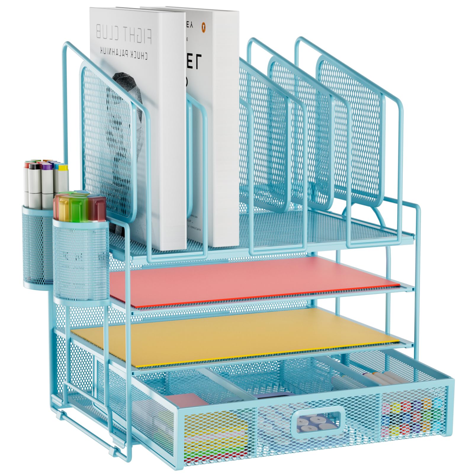 Marbrasse Desk Organizers, 4-Tier Mesh Desk File Organizer with 5 Vertical File Holders and 2 Pen Holders, Multifunction Desktop Organizer,Desk Organizers and Accessories for Home Office (Blue)