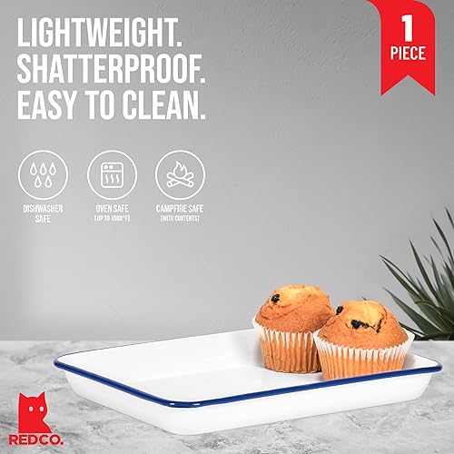 Miniatura 2 de Red Co. Bandeja rectangular clásica de metal esmaltado de 11 x 9 pulgadas, 2 cuartos de galón, borde blanco sólidoazul marino