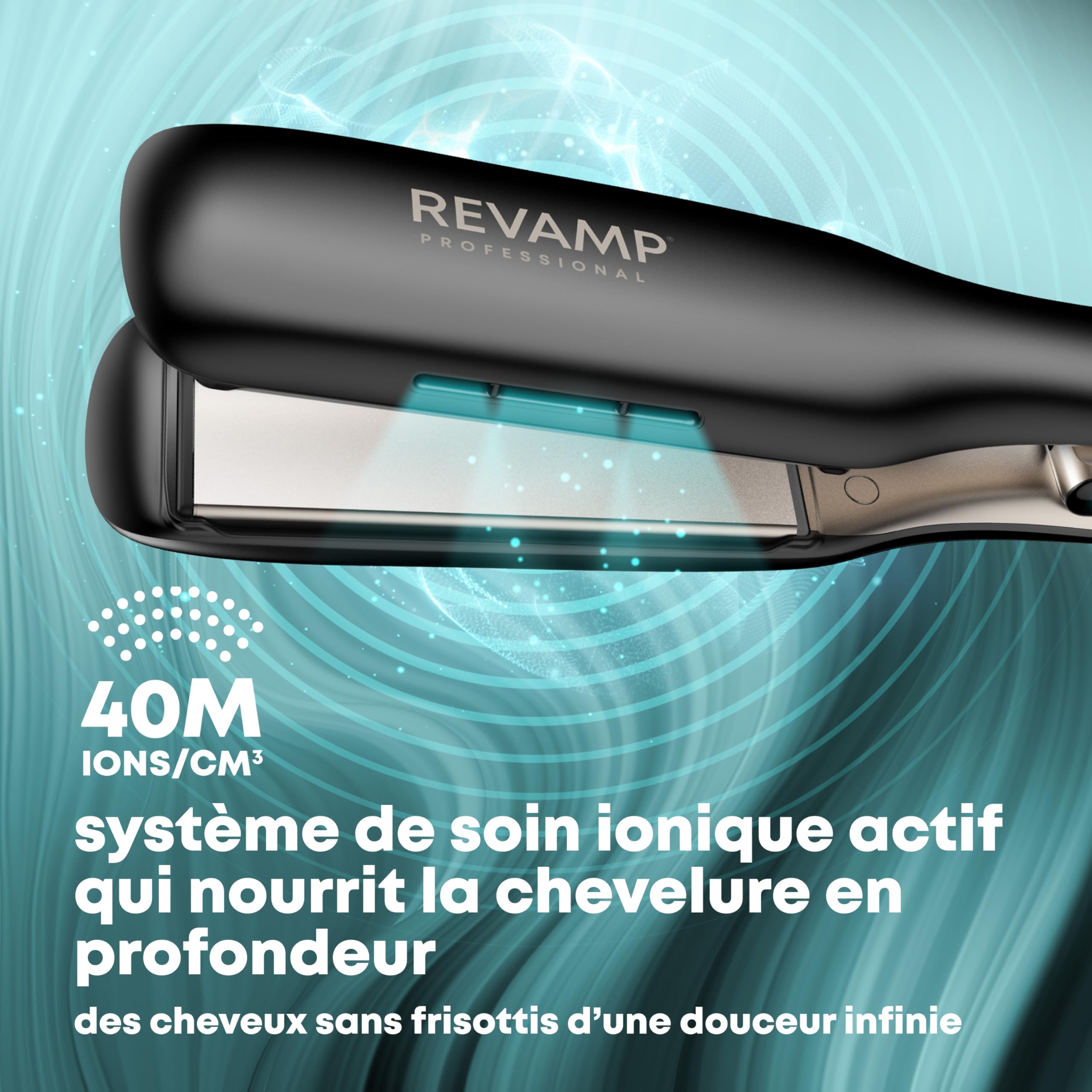 REVAMP Enigma Radiance Lisseur Ionique à Plaques Larges – Lisseur à Plaques Extra-Larges pour Coiffage en Un Seul Passage, Design Courbé pour Ondulations et Boucles Durables