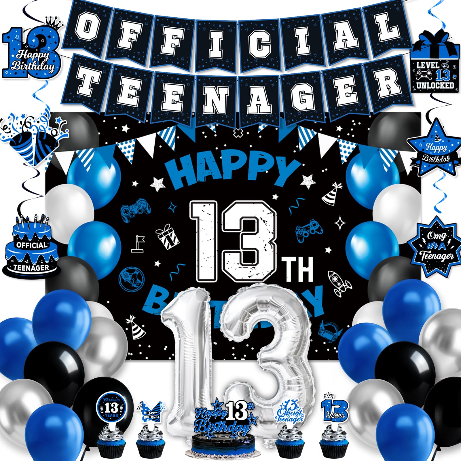 View 1 of 13th Birthday Decorations for Boys - Blue Black Theme