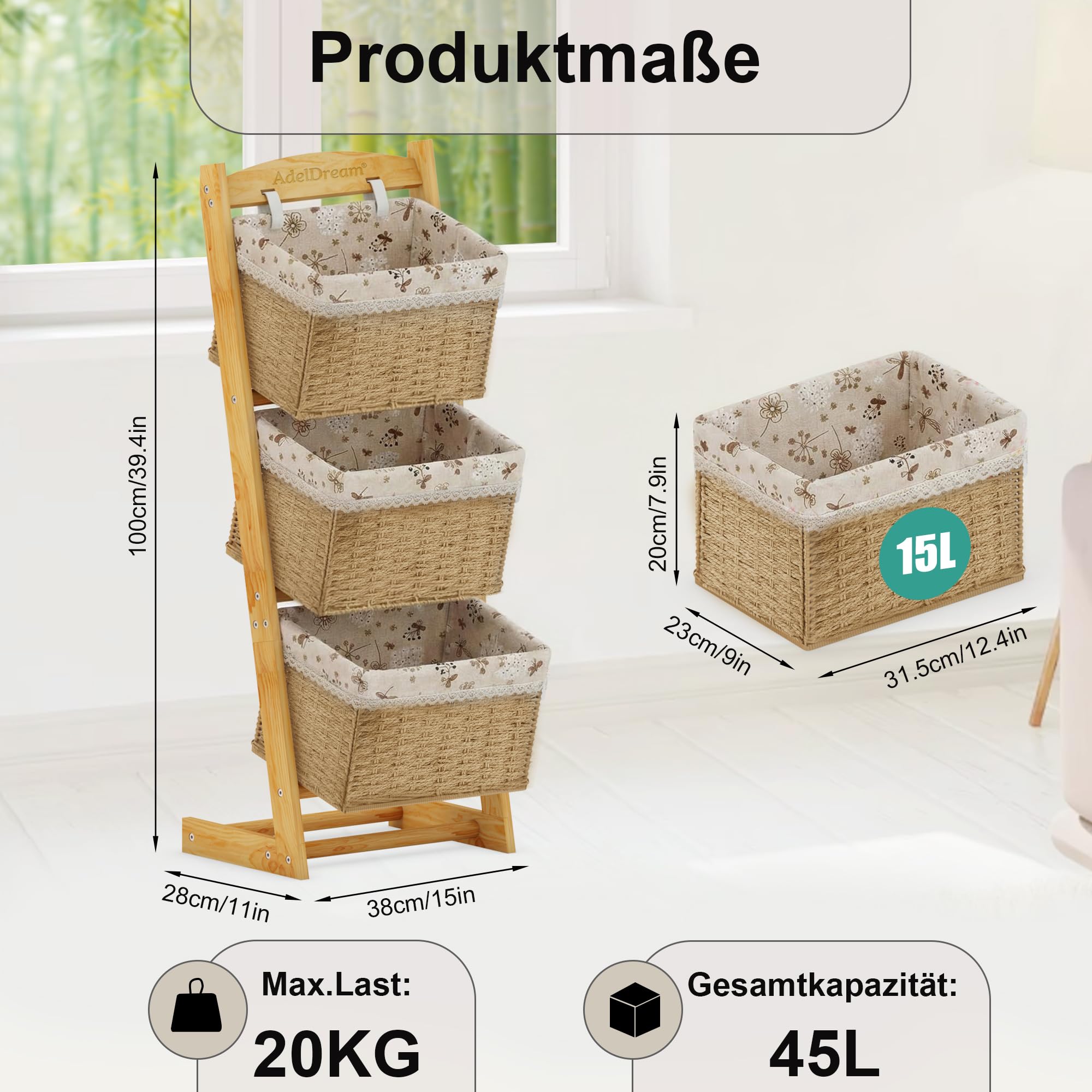 AdelDream Cesta de almacenamiento de madera maciza cesta de ratán estante de almacenamiento para el suelo sala de estar estante multifuncional estilo 2