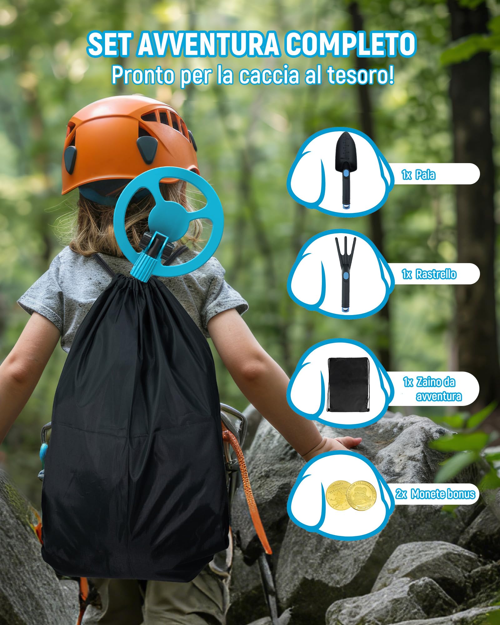 KAIWEETS Metal Detector Bambini, con Schermo LCD a Colori Animato, Asta Regolabile e Design Leggero, Set Completo con Zaino, Paletta, Rastrello e Monete Bonus – Rilevatore di Metalli Educativo