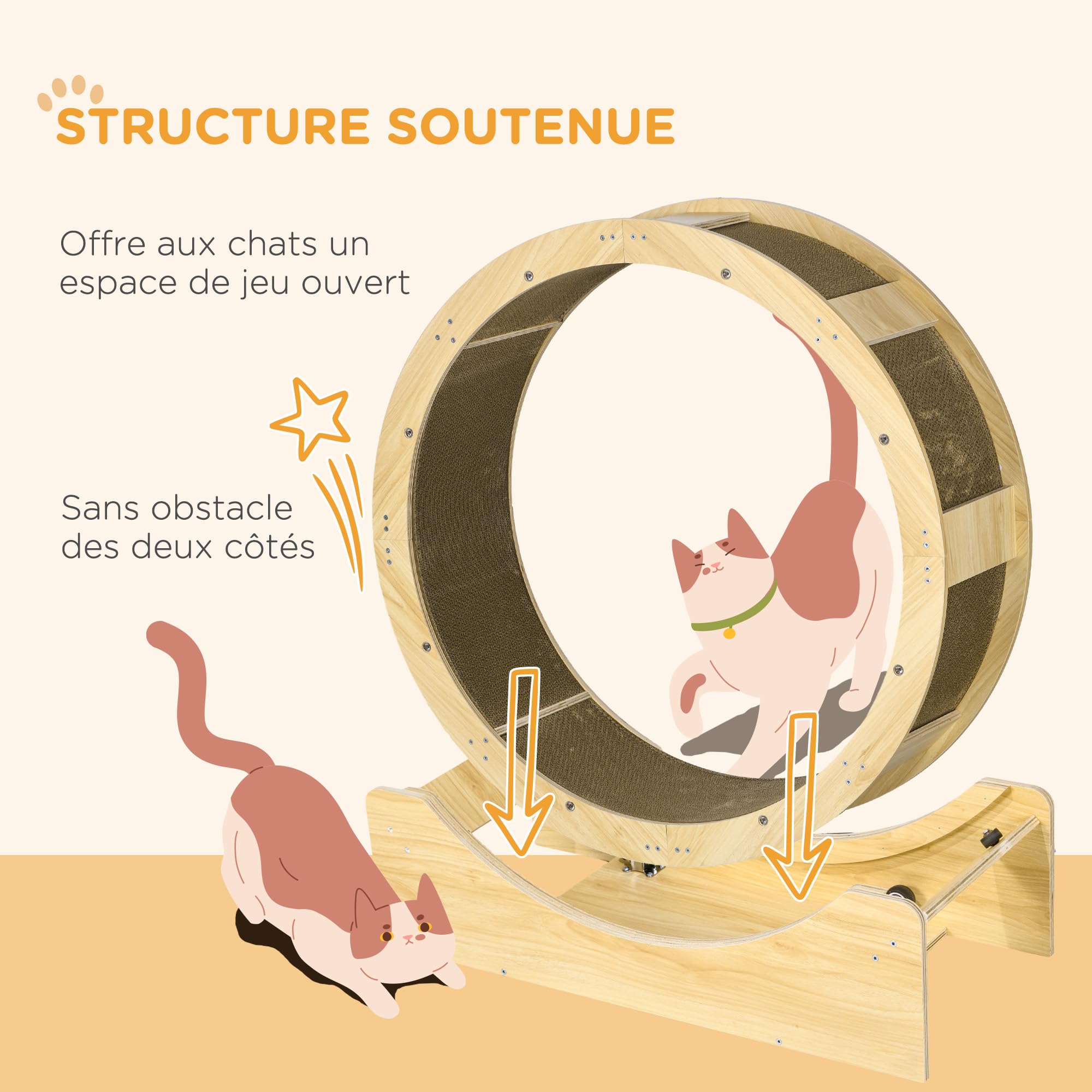PawHut Roue d'exercice pour chat 91 cm, grande roue de course avec frein sécurisé et tapis de grattage amovible, tapis roulant ultra silencieux, pour perte poids, santé d'animaux de compagnie, naturel