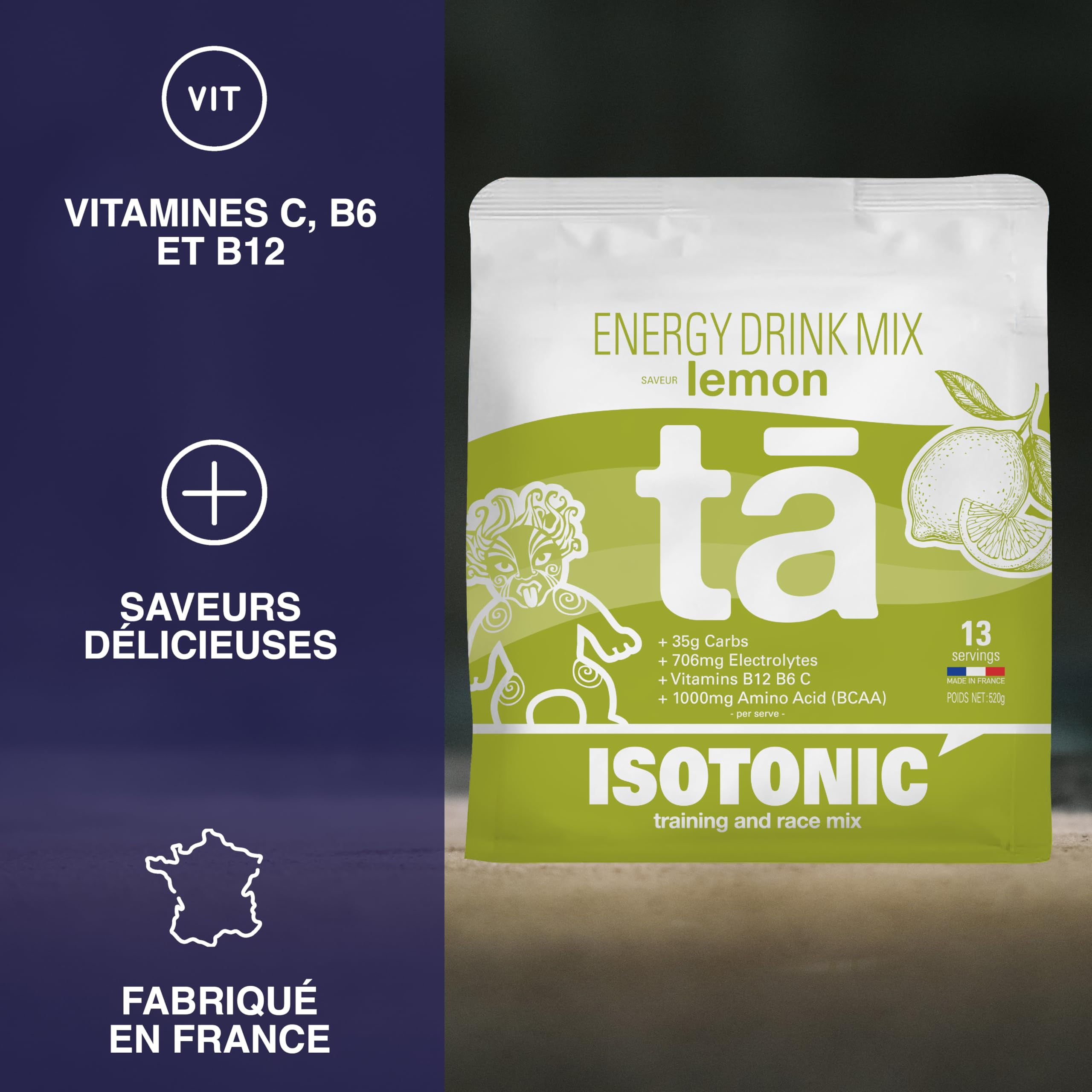 Boisson Énergétique fabriquée en France. Apport en Glucides, Electrolytes (sodium, magnésium, potassium) Vit (C, B6, B12) et BCAA. Sac de 520g soit 13 bidons de 500ml (Citron)
