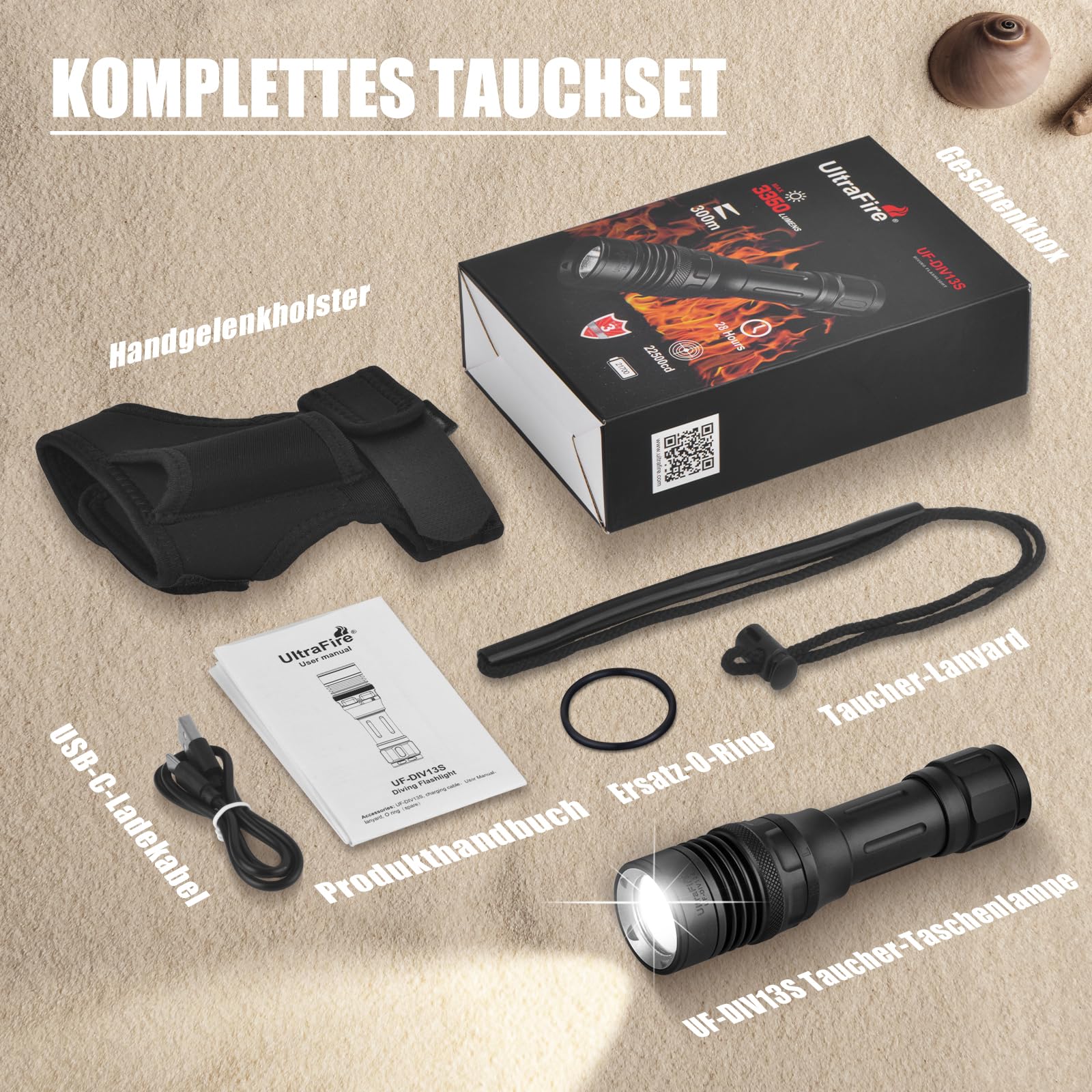 ULTRAFIRE 3350 Lumen Wiederaufladbare Tauchlampe Unterwasser Taschenlampe, 3 Modi Taucher Taschenlampe mit Magnetische Drehschalter, IPX8 Wasserdicht, Eingebauter USB-C-Ladeanschluss, UF-DIV13S