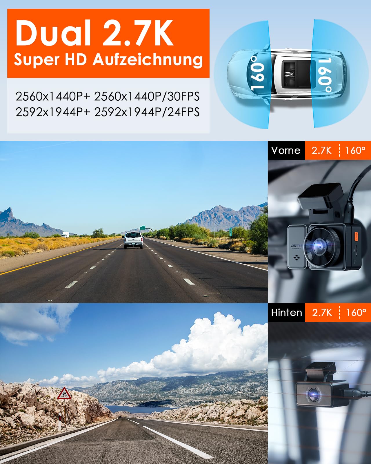 VANTRUE E2 2.7K+2.7K Dash Cam, 5GHz WiFi GPS Doppia 1944P Telecamera Per Auto, Dashcam Controllo senza Fili e Vocale, 24h. Modalità di Parcheggio Tampone, Visione Notturna WDR 2,45" 160 Gradi Max 512G