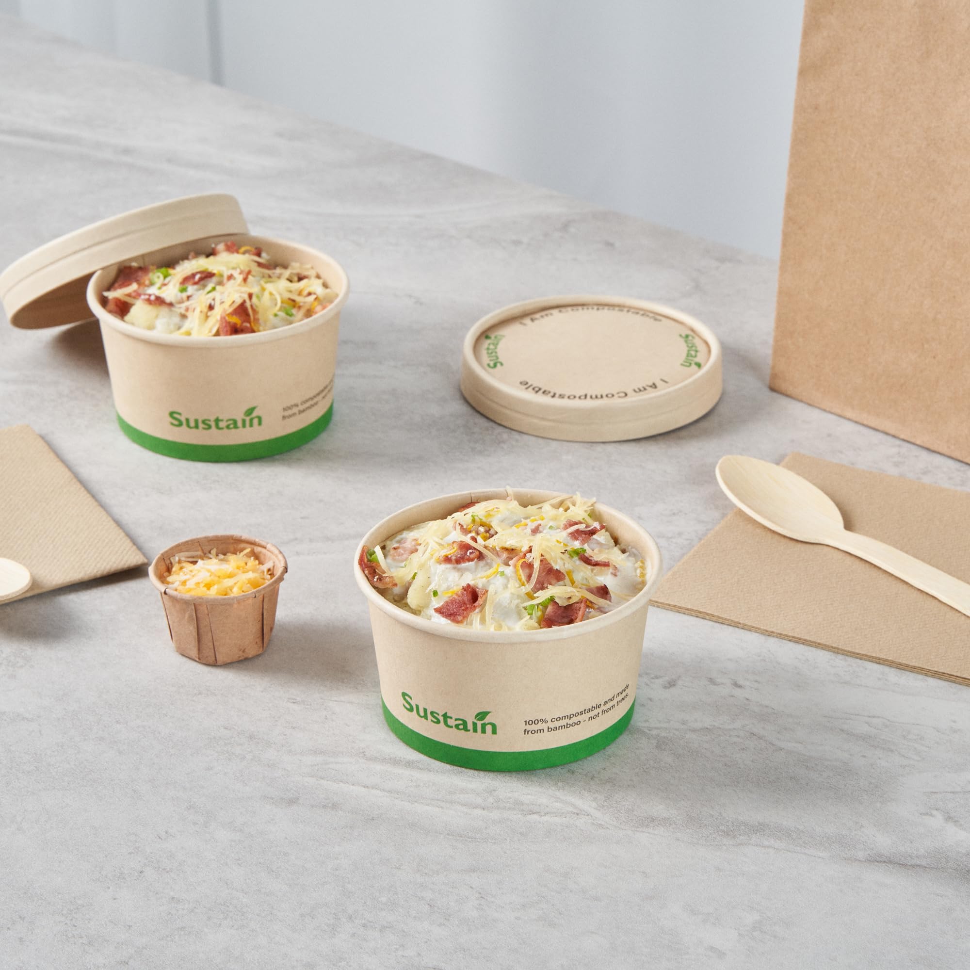 Restaurantware - Contenedores de sopa de papel de 8 onzas, 200 tazas desechables para helado, las tapas se venden por separado, con forro de ácido poliláctico, cuencos de sopa caliente de bambú para