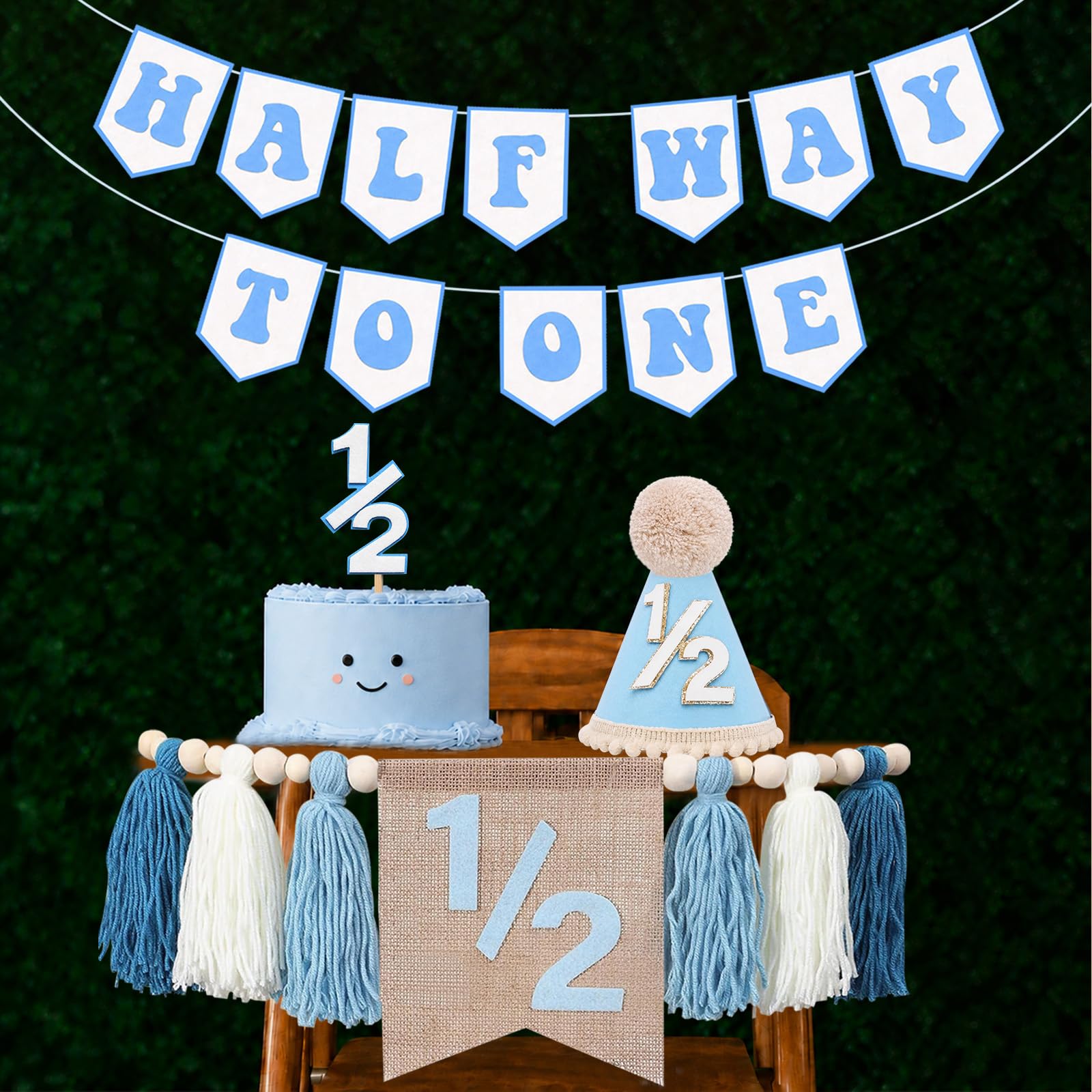 View 1 of 1/2 Birthday Boy 6 months Birthday Decorations, Blue Half Way to One Set