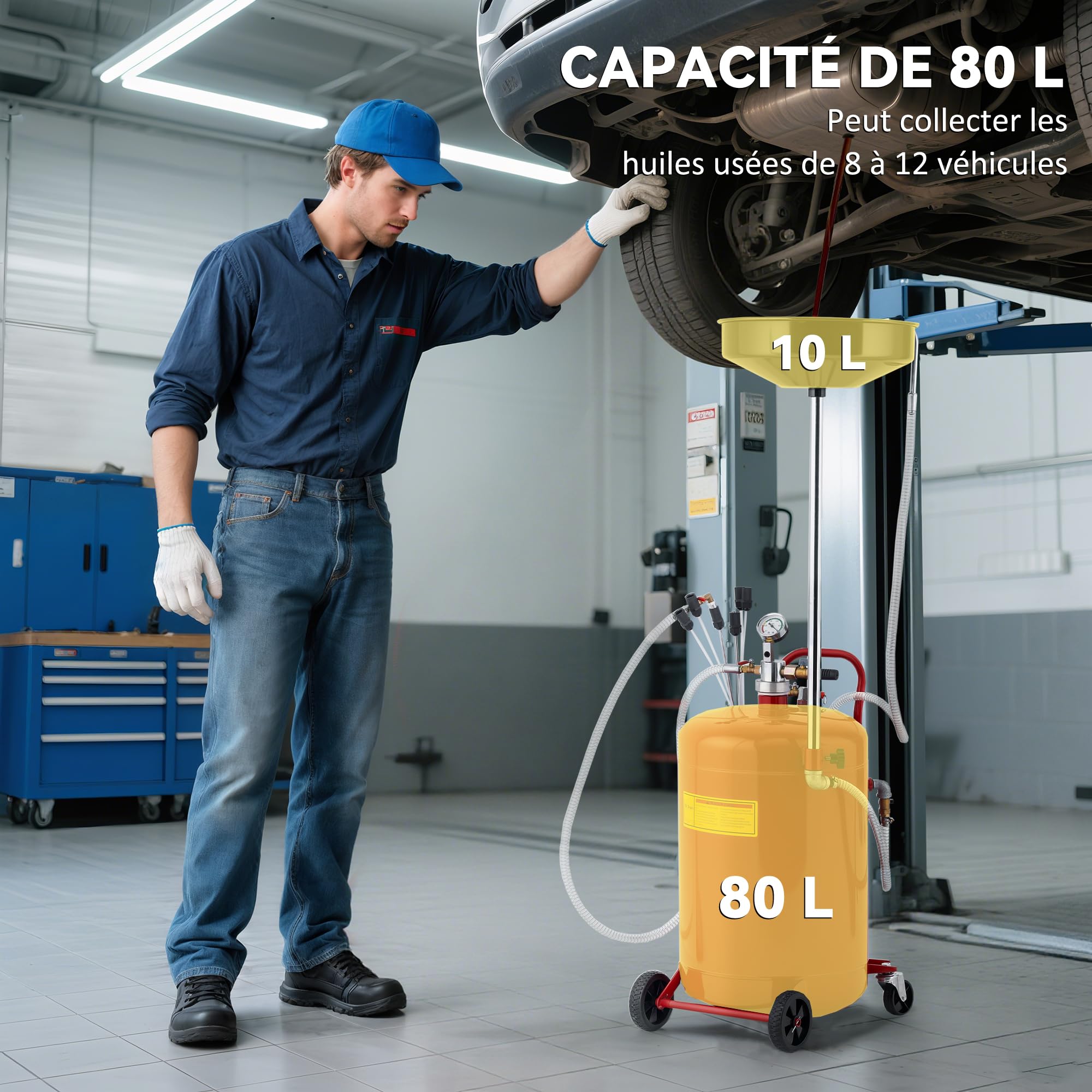 HOMCOM Récupérateur de Vidange d'Huile Usagée 80 L Hauteur 101-141 cm Rouge | Hauteur Réglable, Chariot Récupération Huiles Portable, avec Roues et Poignée
