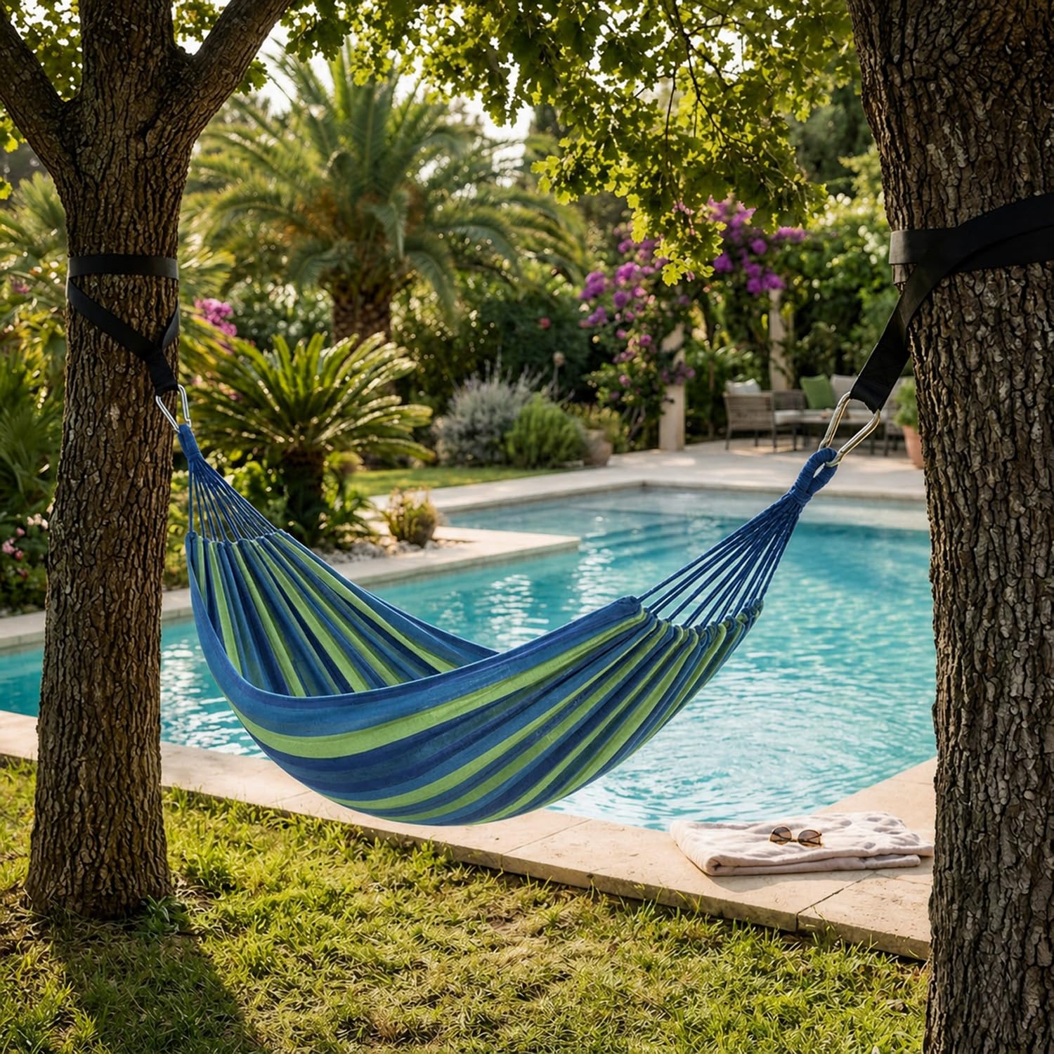 Amaca Da Campeggio E Giardino Con Sacca Trasporto Cinghie E Moschettoni Inclusi Struttura Anti Ribaltamento Cotone Resistente Portata 300 Kg 210 x 150 Cm Blu