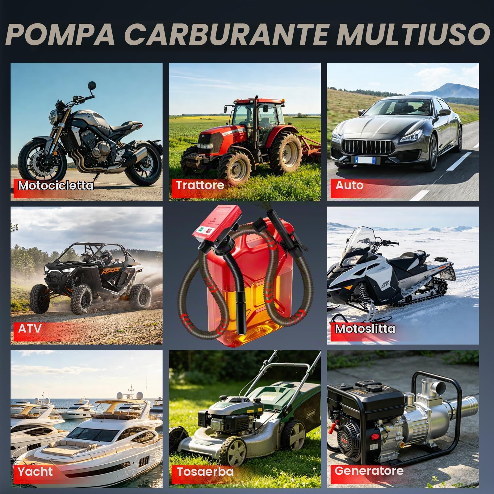 Pompa per Travaso Benzina con Sensore di Arresto Automatico,3.2GPM | 12 L/min,Ricarica a 12 V CC, Ricarica Tramite Accendisigari,Ingresso Olio da 28 mm,Adattatore di 4 Dimensioni,Tubo da 130 cm