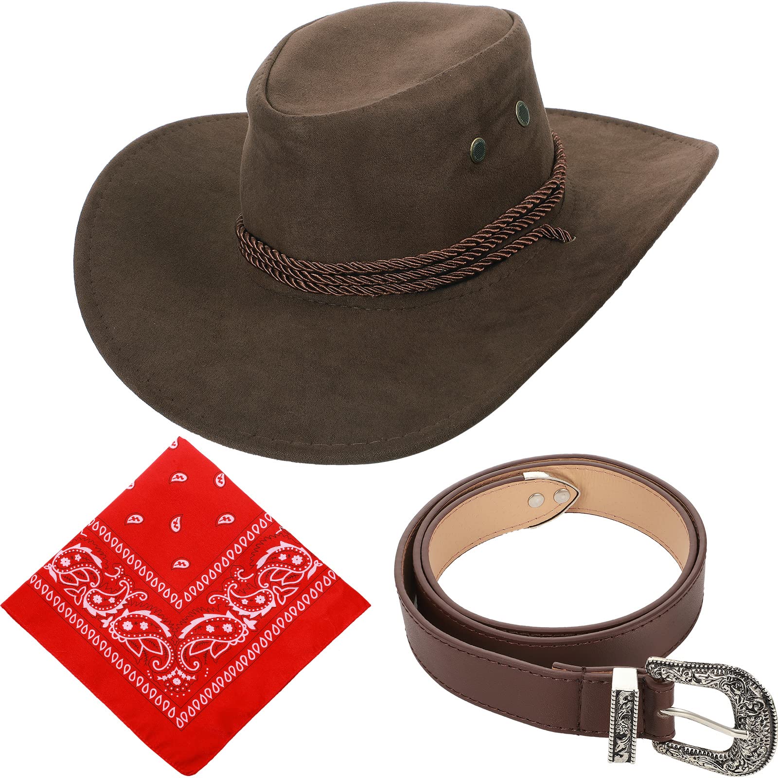 Haysandy Halloween 3 Pcs Cowboy Hat with Wide Brim Bandana Belt